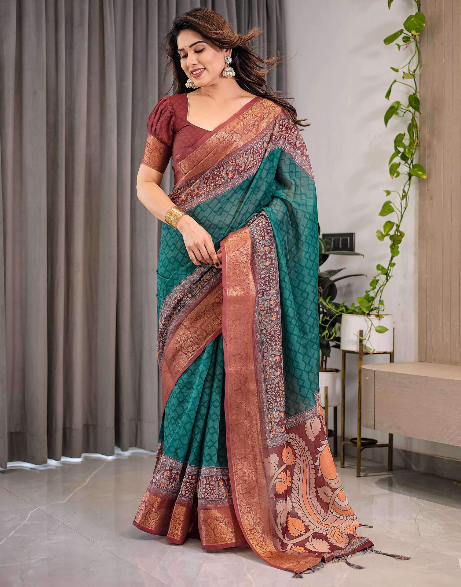 Green Linen Printed Saree