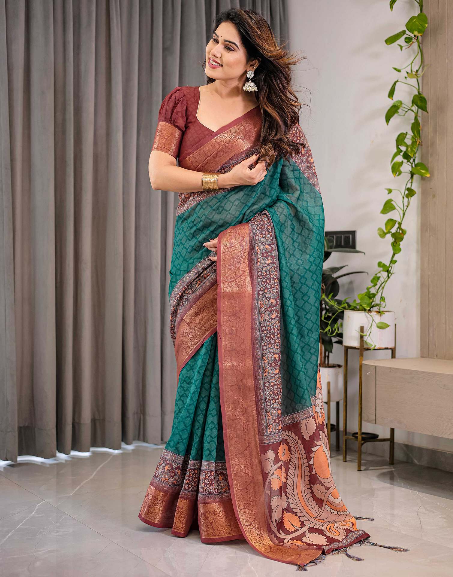 Green Linen Printed Saree