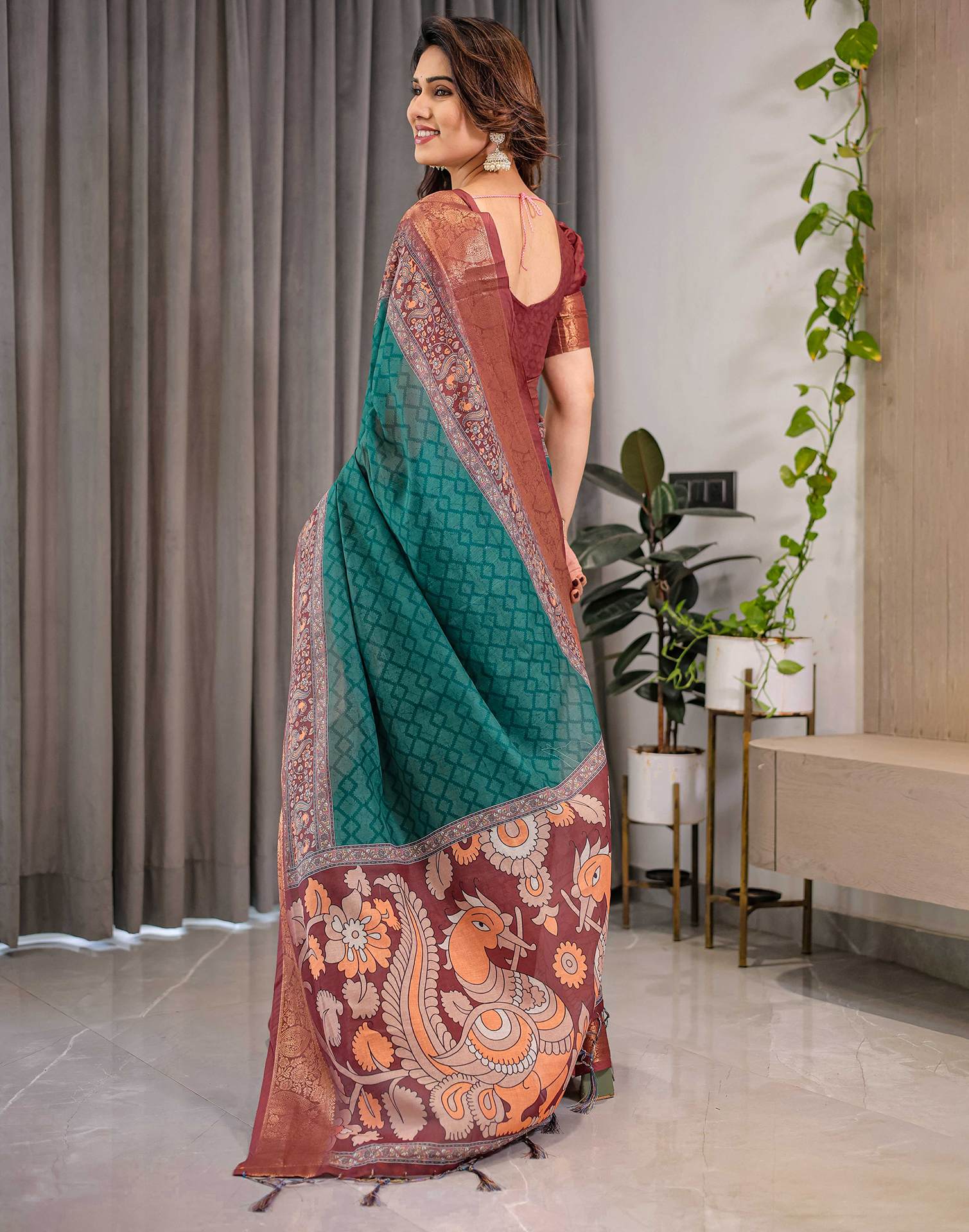 Green Linen Printed Saree