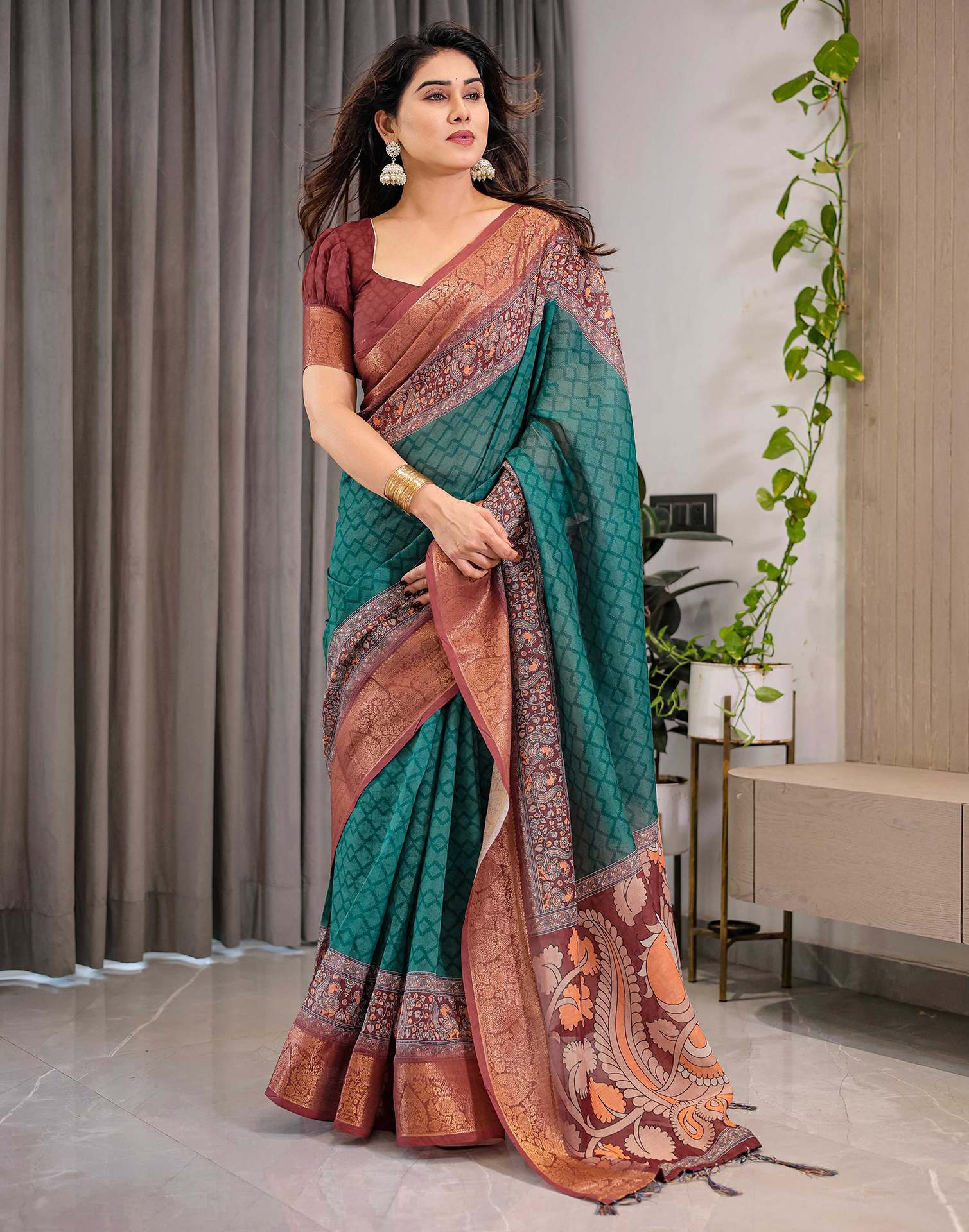 Green Linen Printed Saree