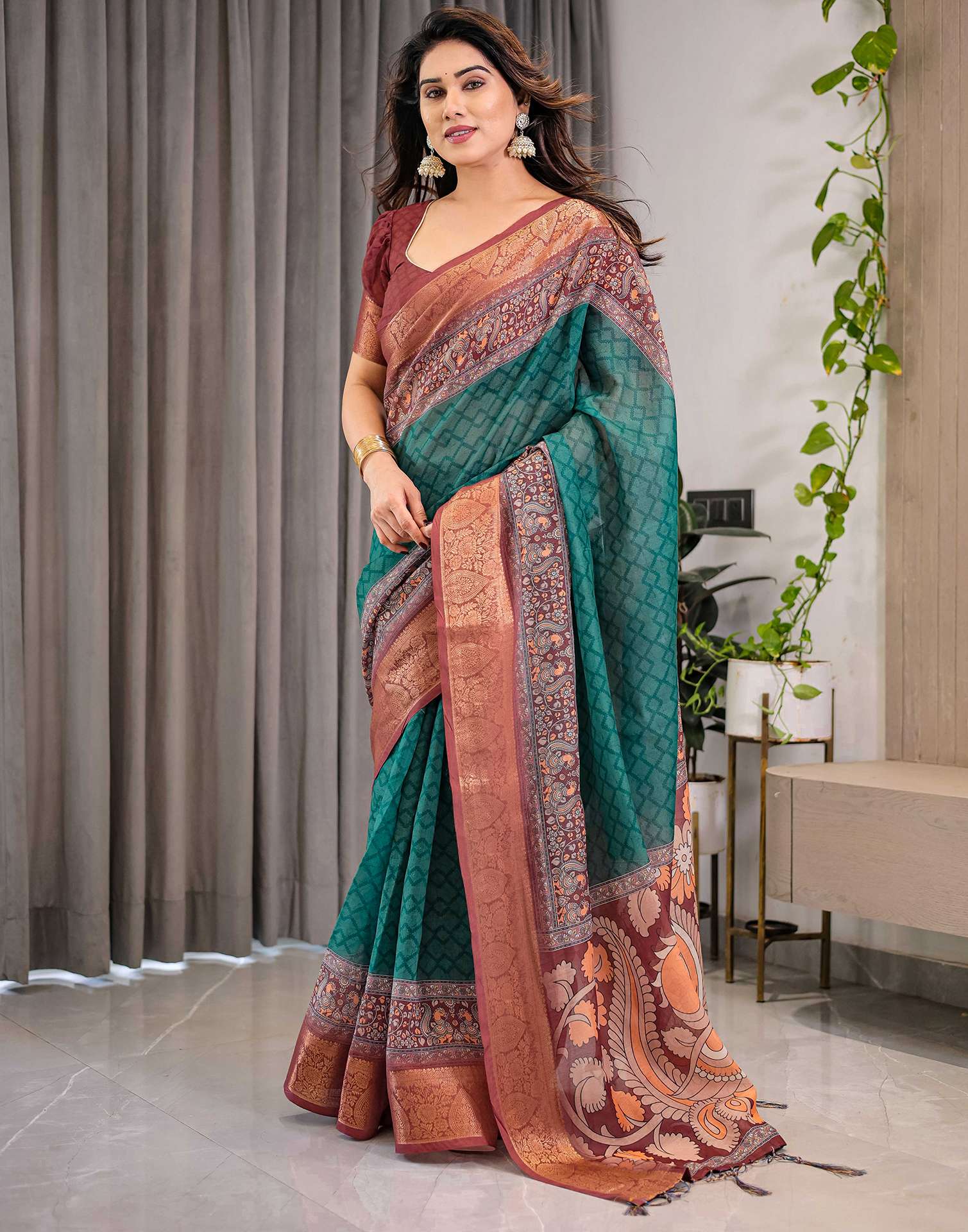 Green Linen Printed Saree