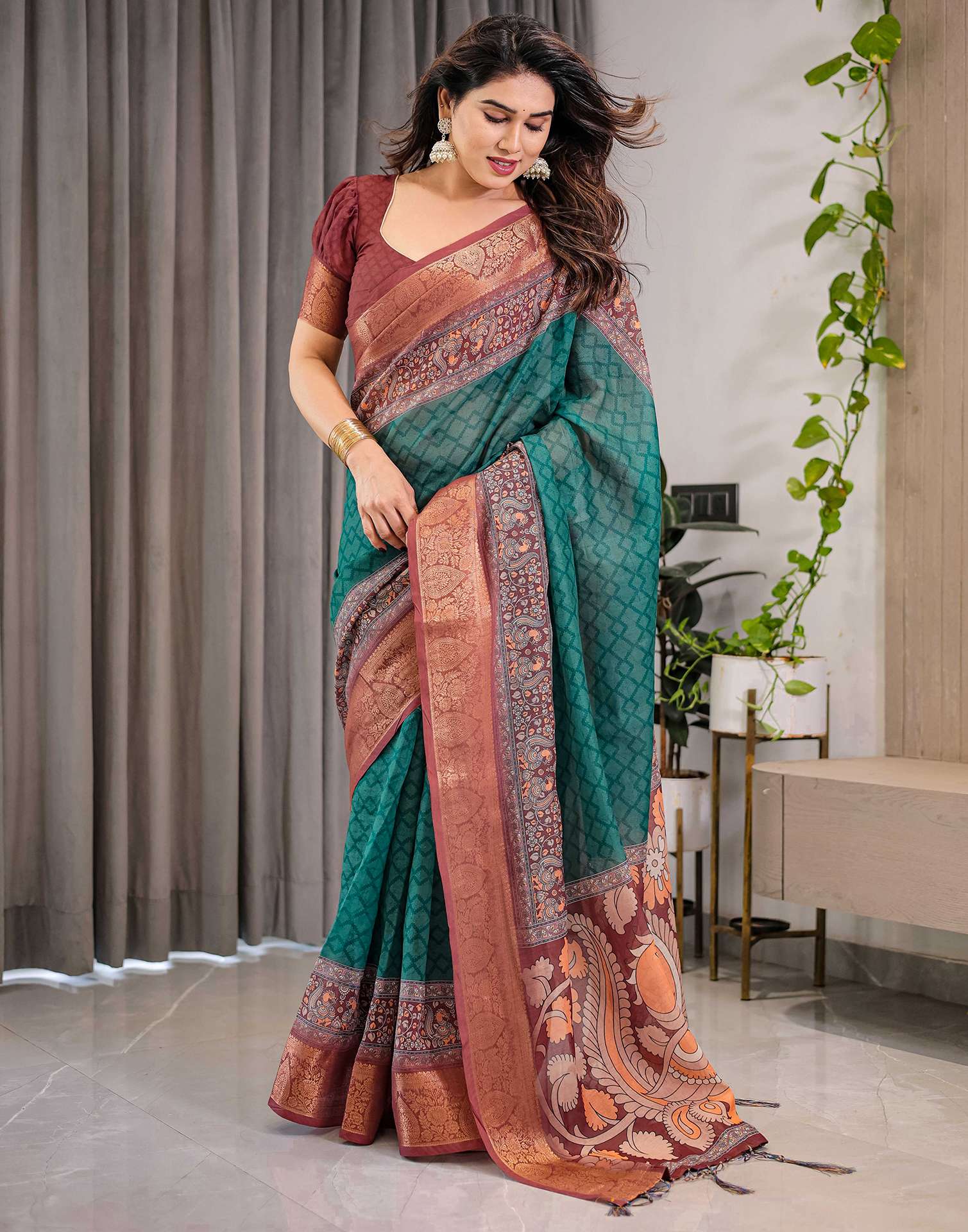 Green Linen Printed Saree