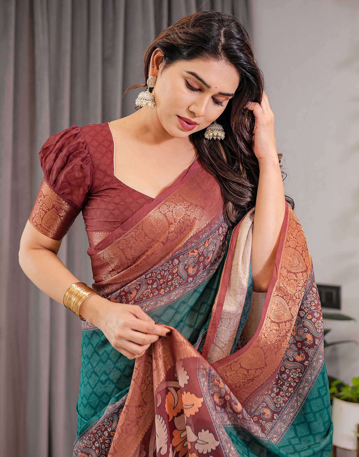 Green Linen Printed Saree