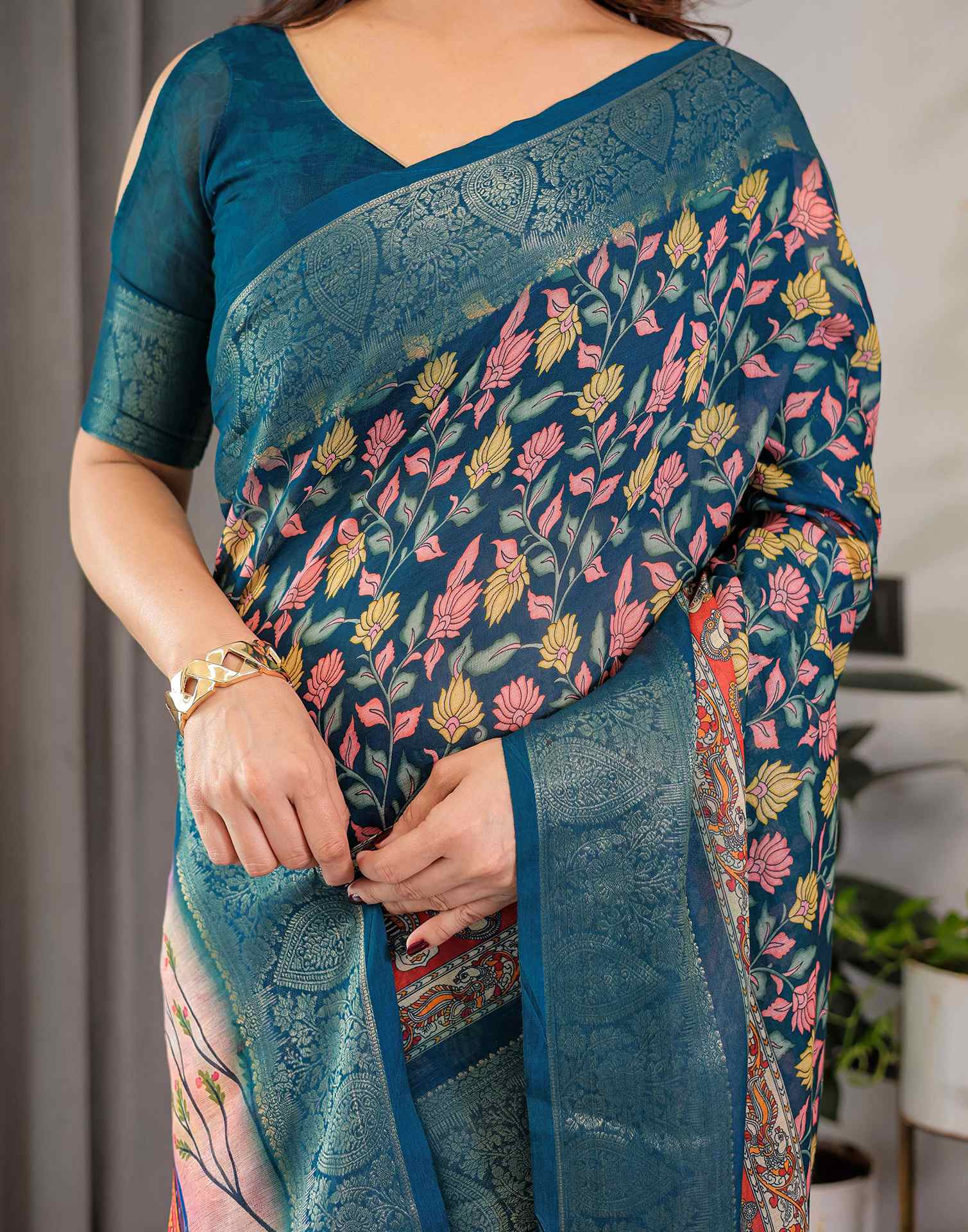 Rama Green Linen Printed Saree