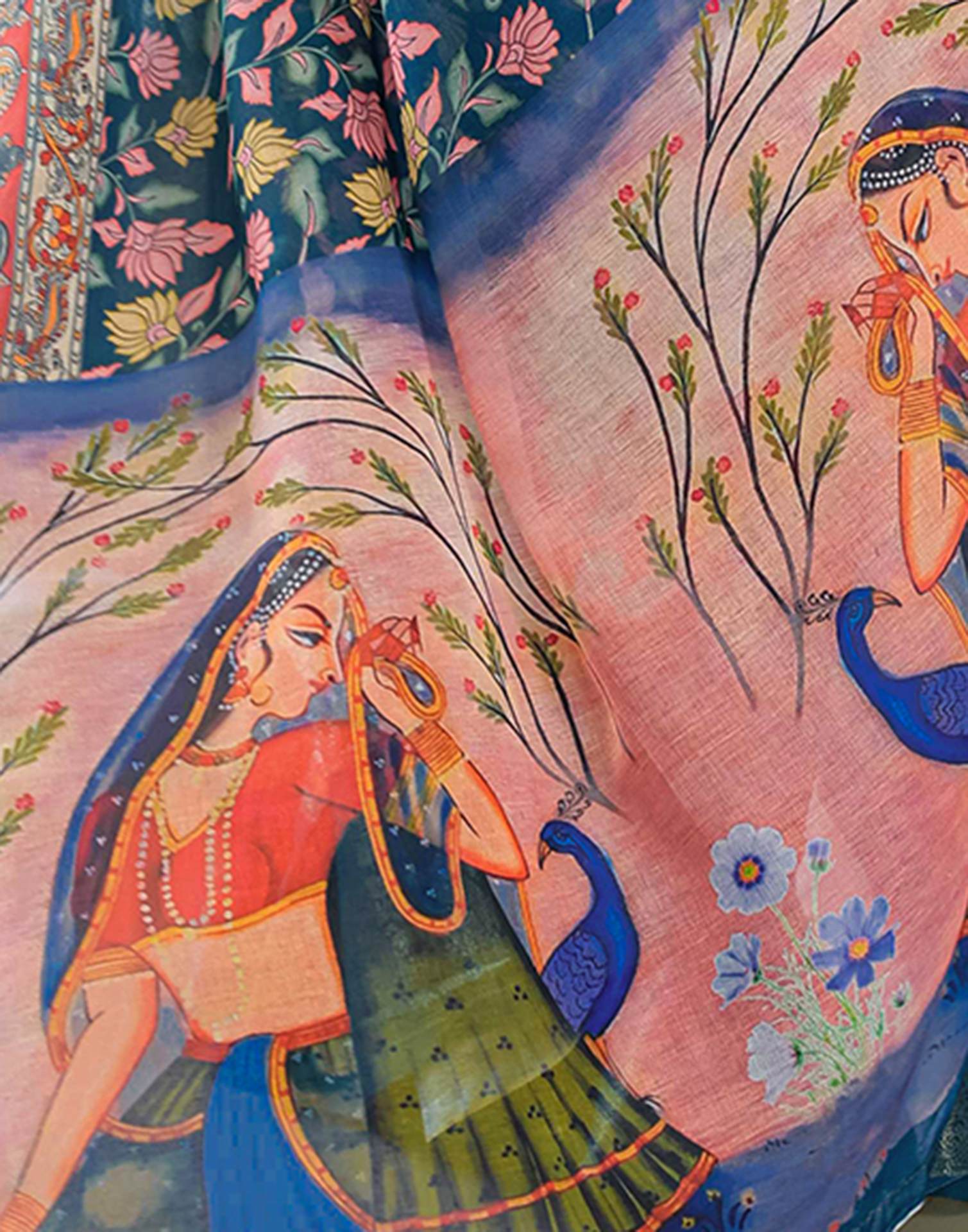 Rama Green Linen Printed Saree