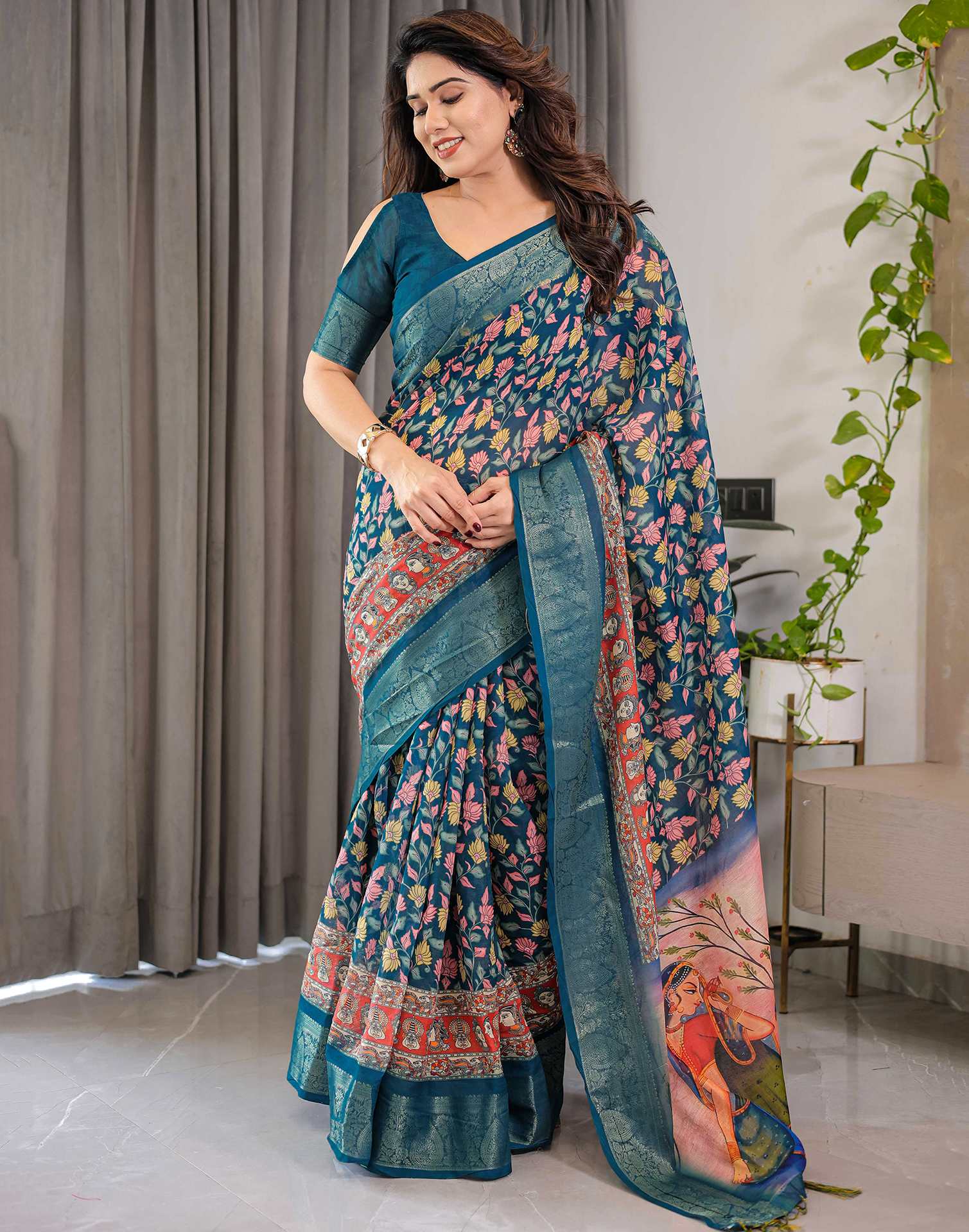 Rama Green Linen Printed Saree