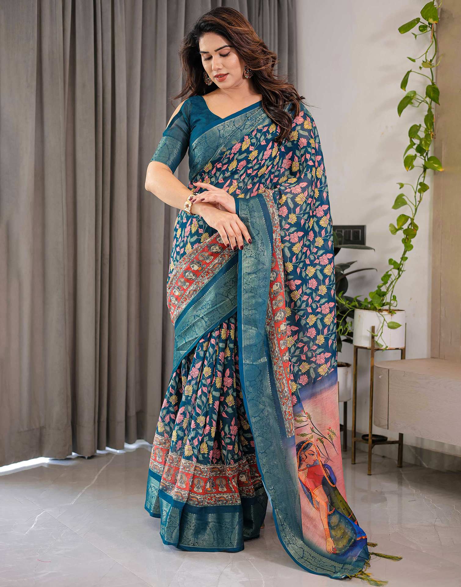 Rama Green Linen Printed Saree