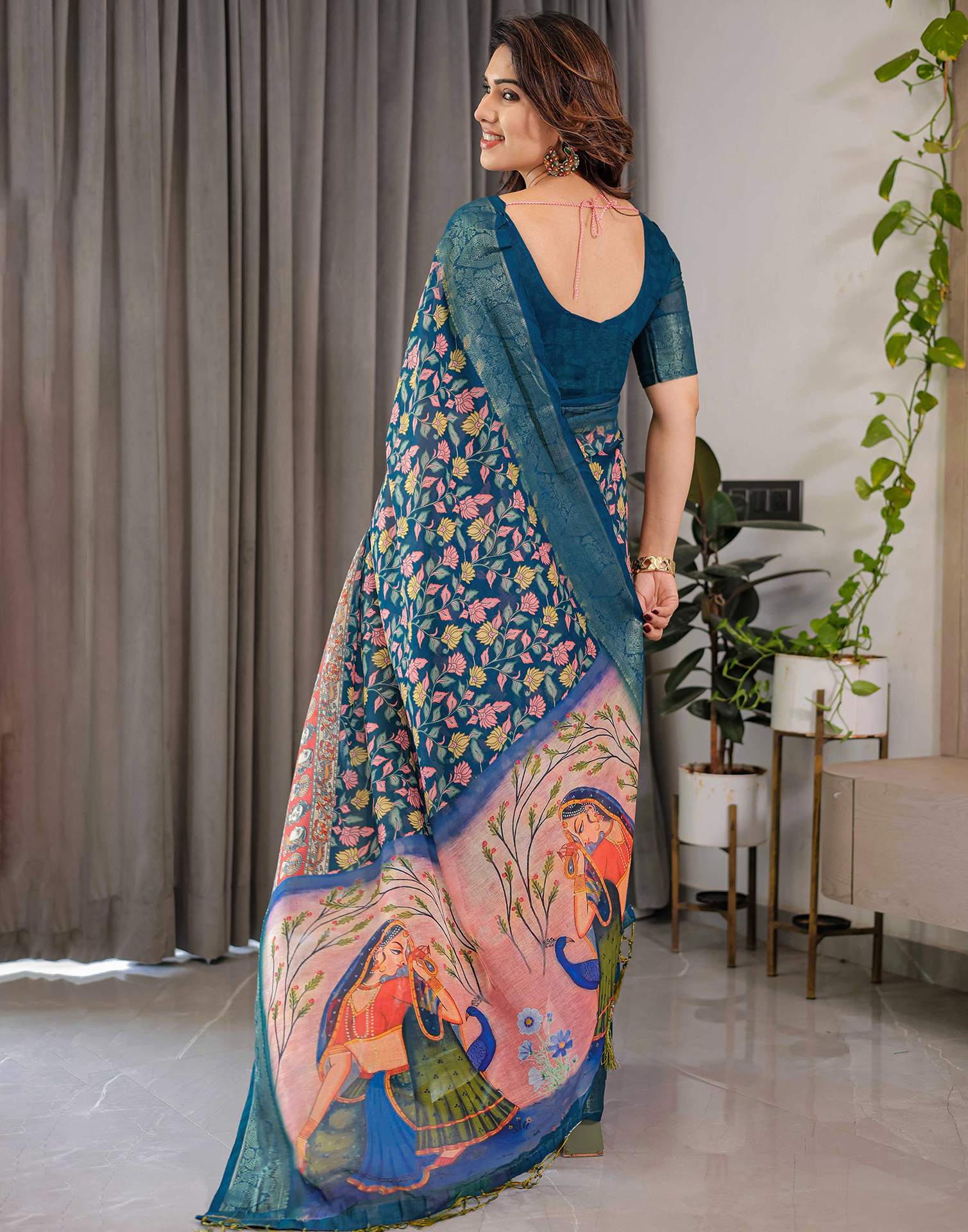 Rama Green Linen Printed Saree