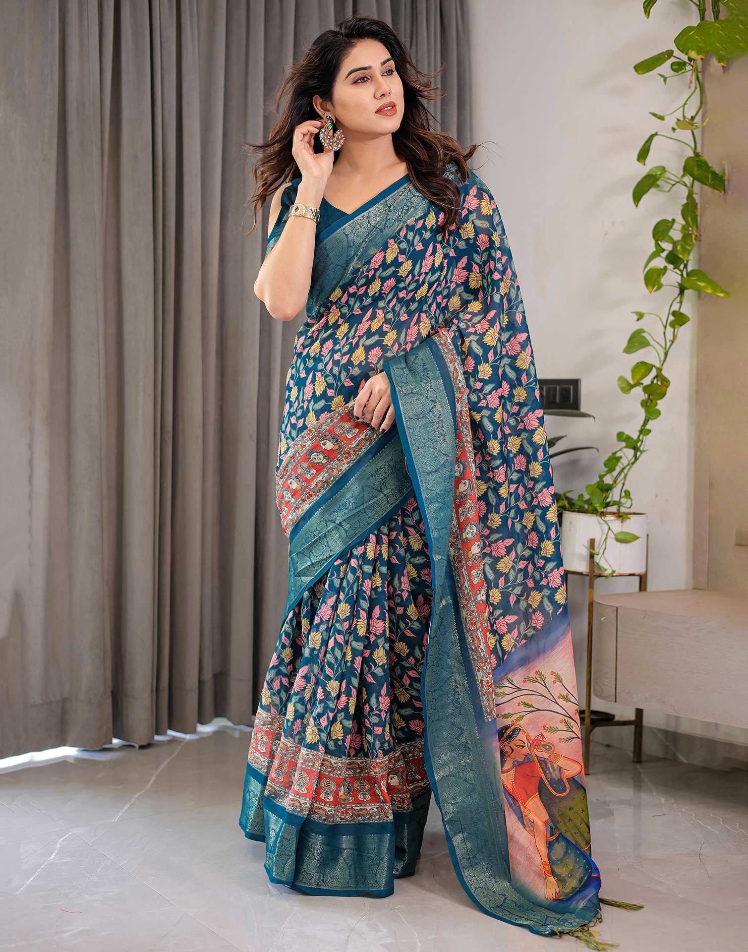 Rama Green Linen Printed Saree