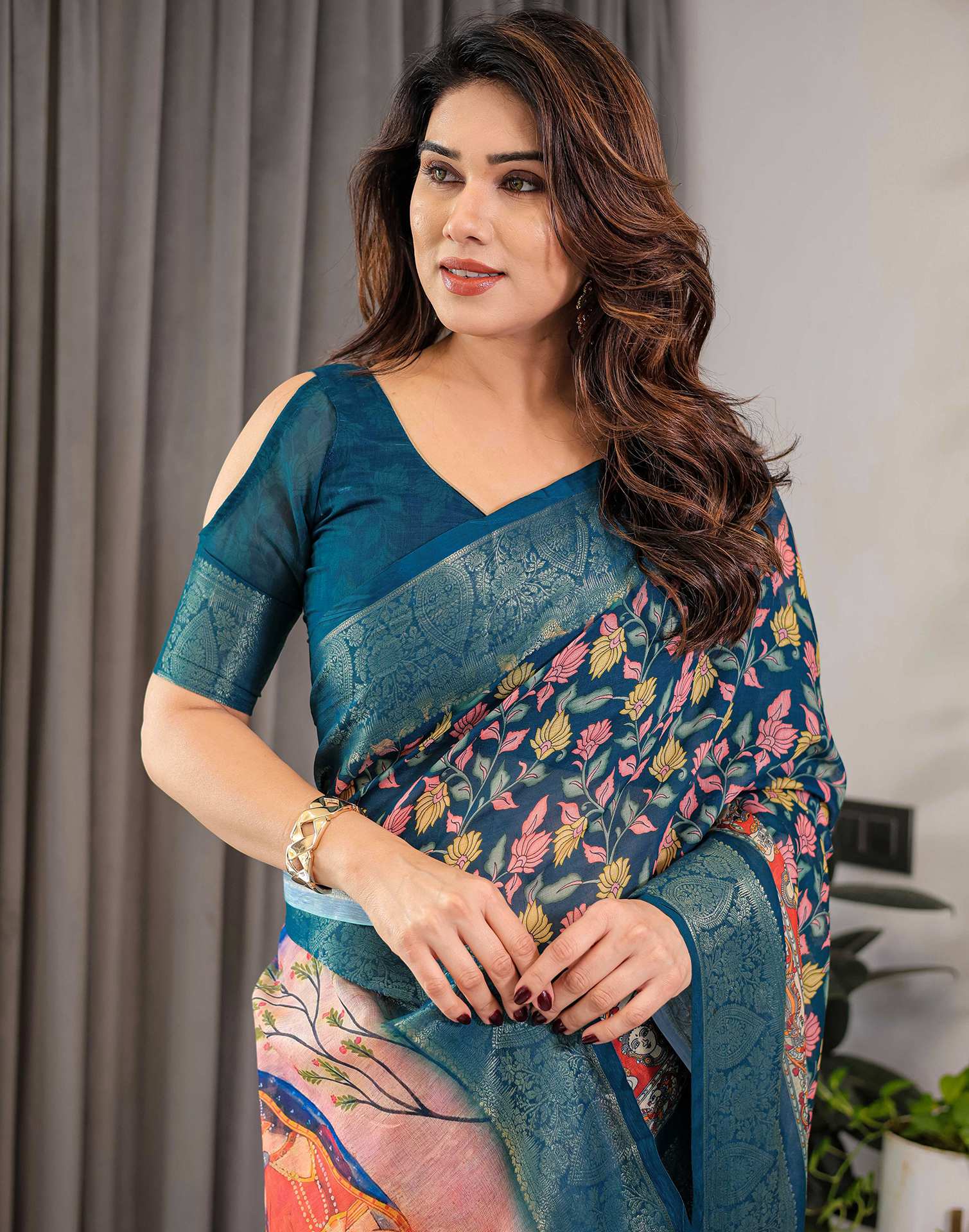 Rama Green Linen Printed Saree