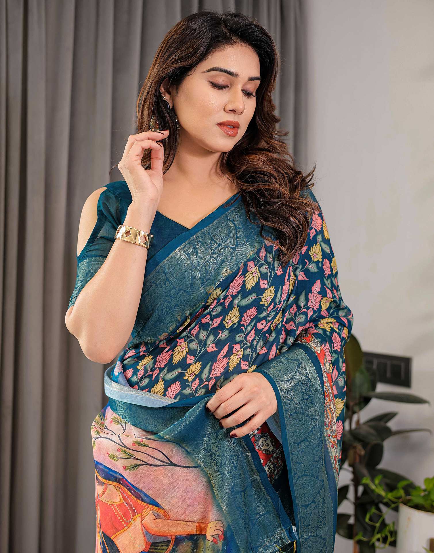 Rama Green Linen Printed Saree