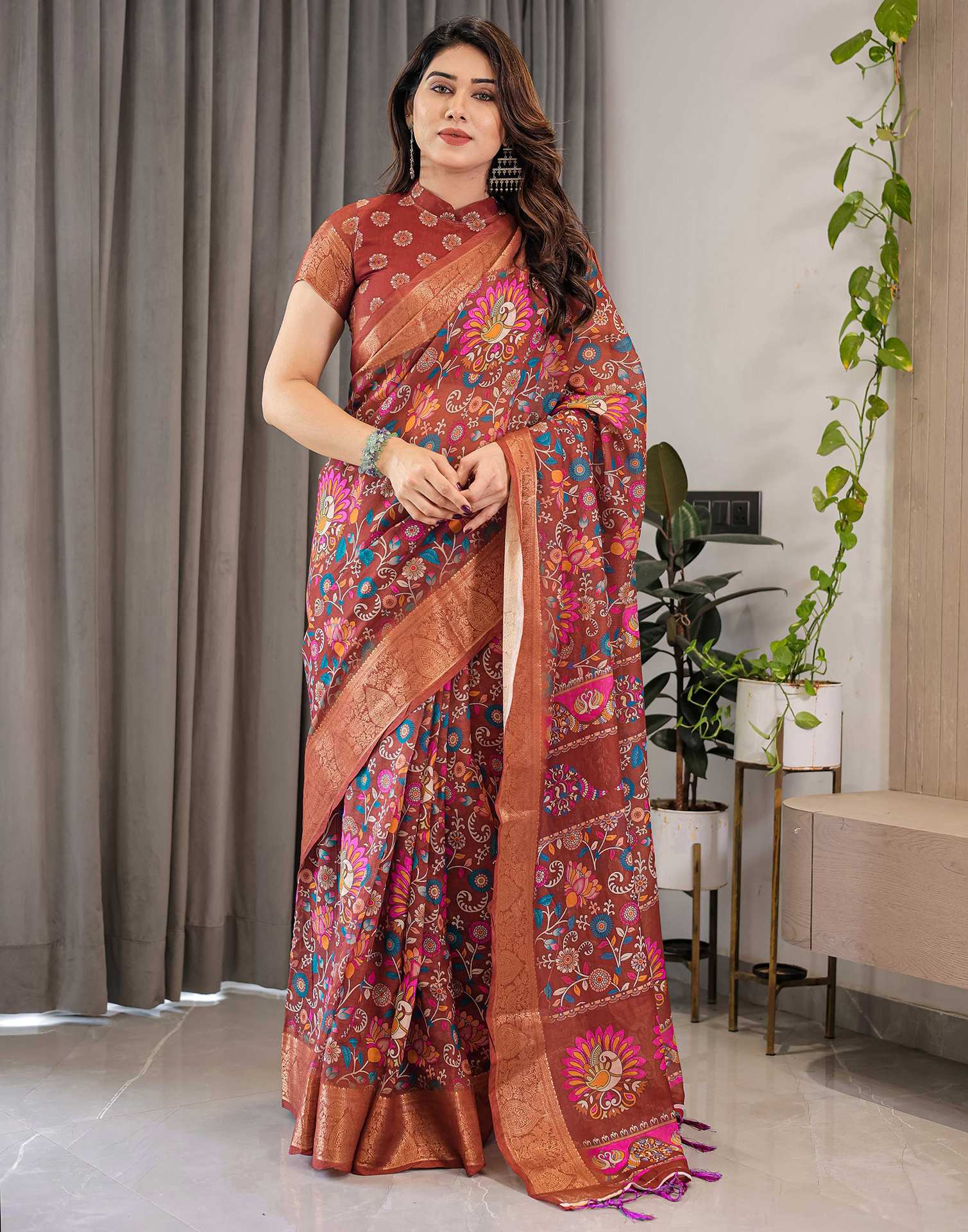 Brown Linen Printed Saree