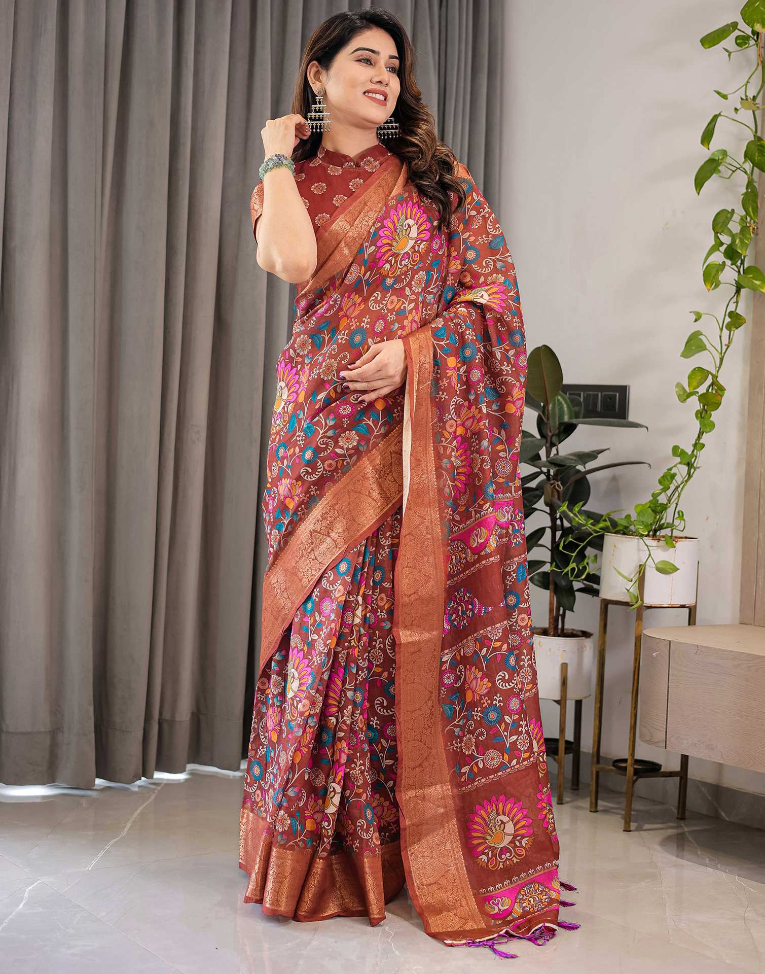 Brown Linen Printed Saree