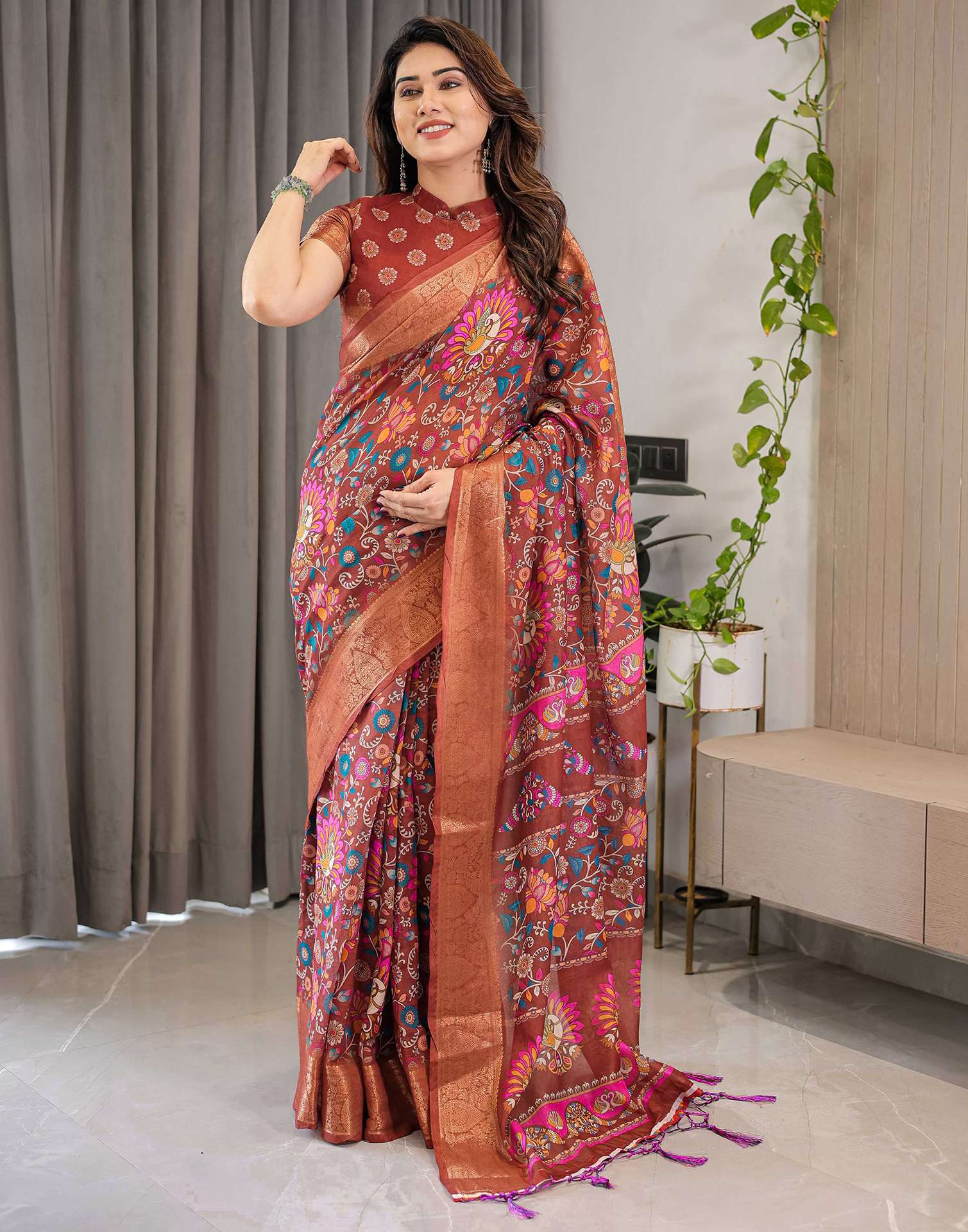 Brown Linen Printed Saree