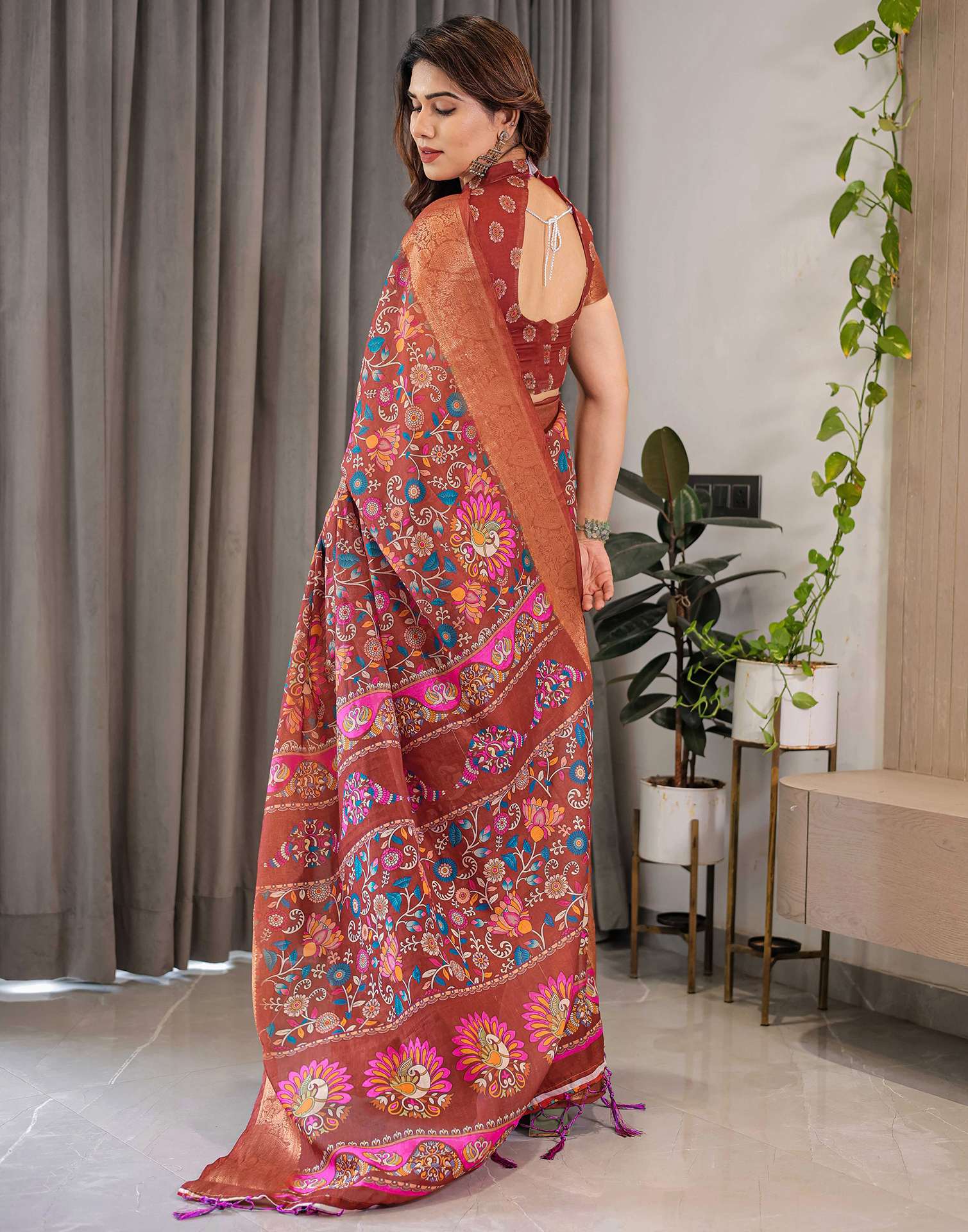 Brown Linen Printed Saree