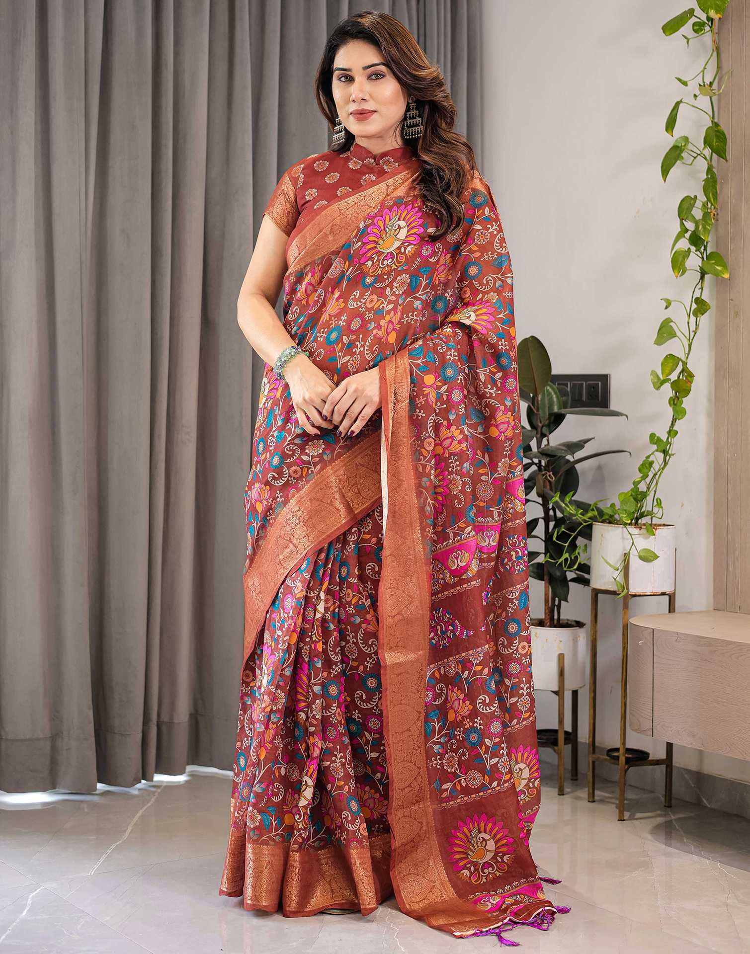 Brown Linen Printed Saree