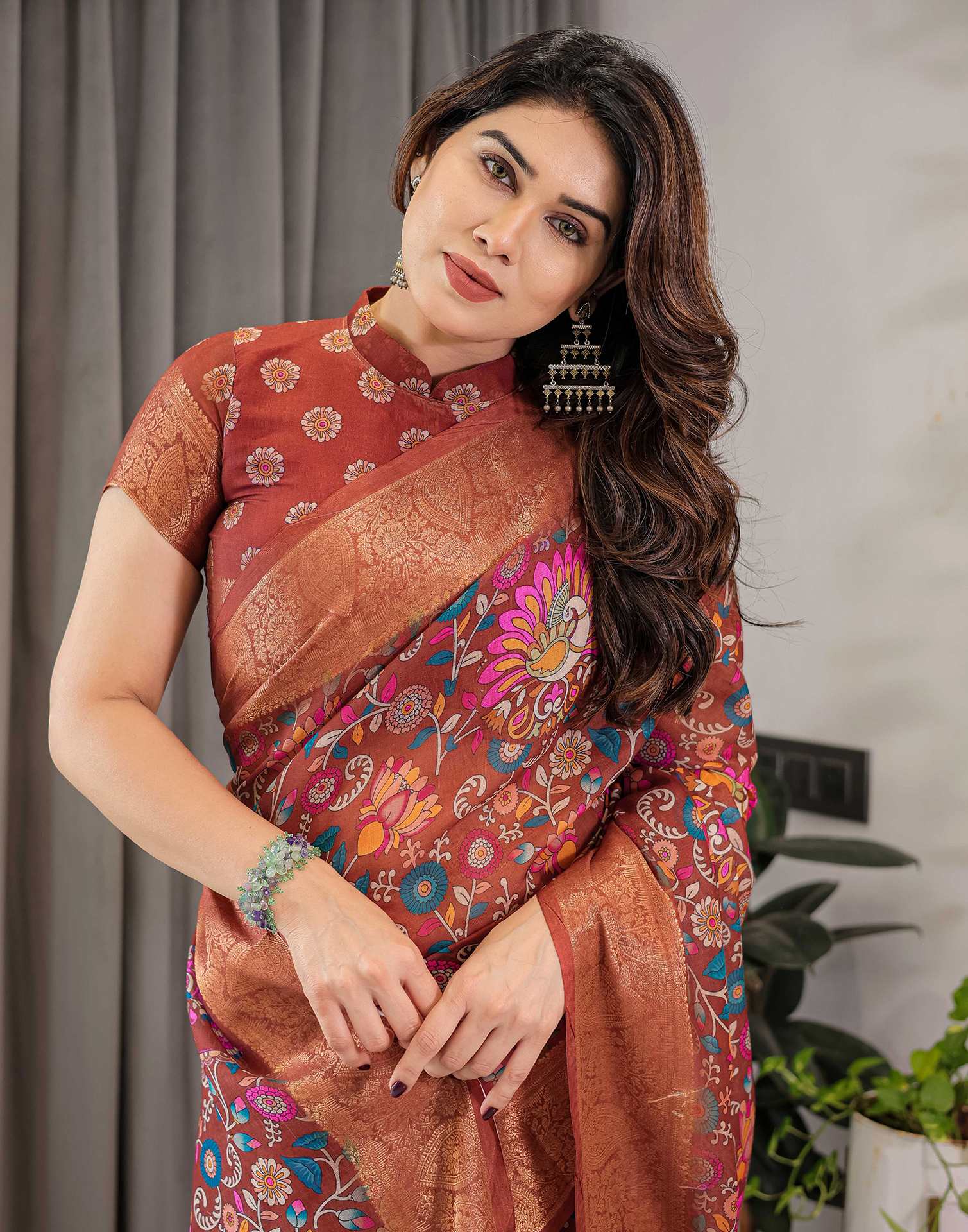 Brown Linen Printed Saree