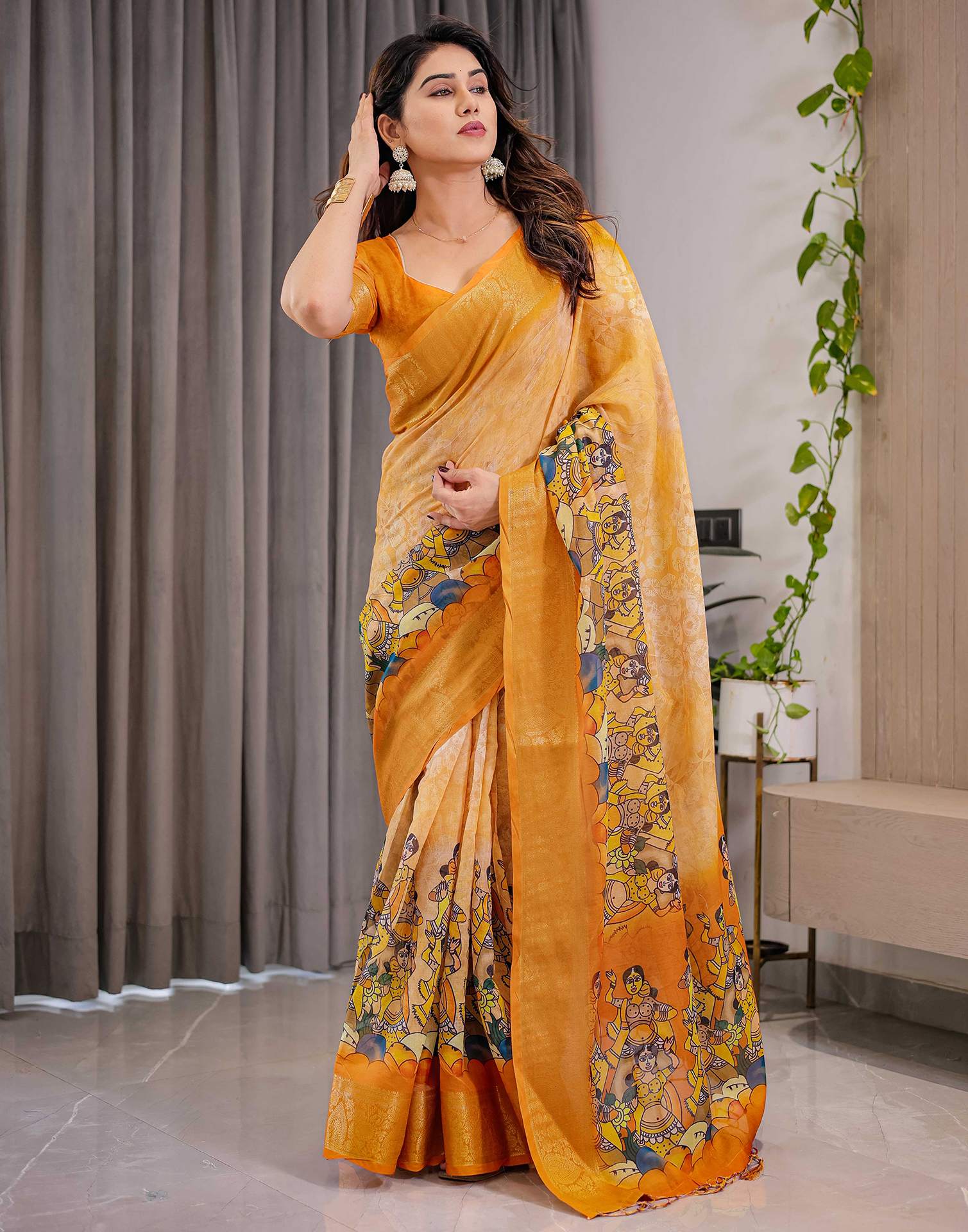 Turmeric Yellow Linen Printed Saree