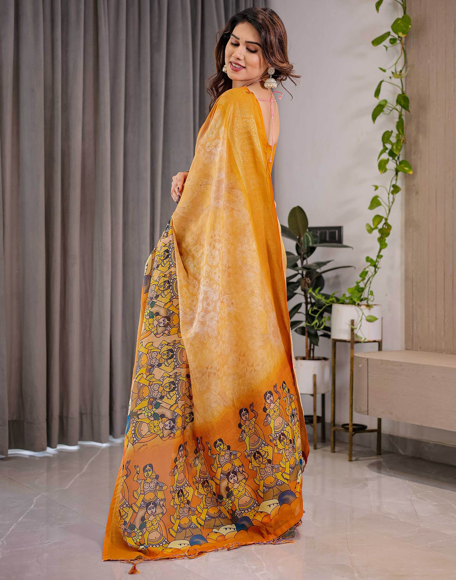 Turmeric Yellow Linen Printed Saree