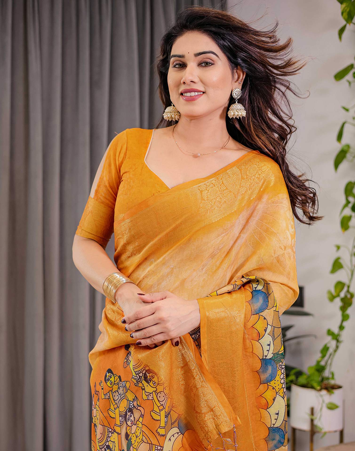 Turmeric Yellow Linen Printed Saree