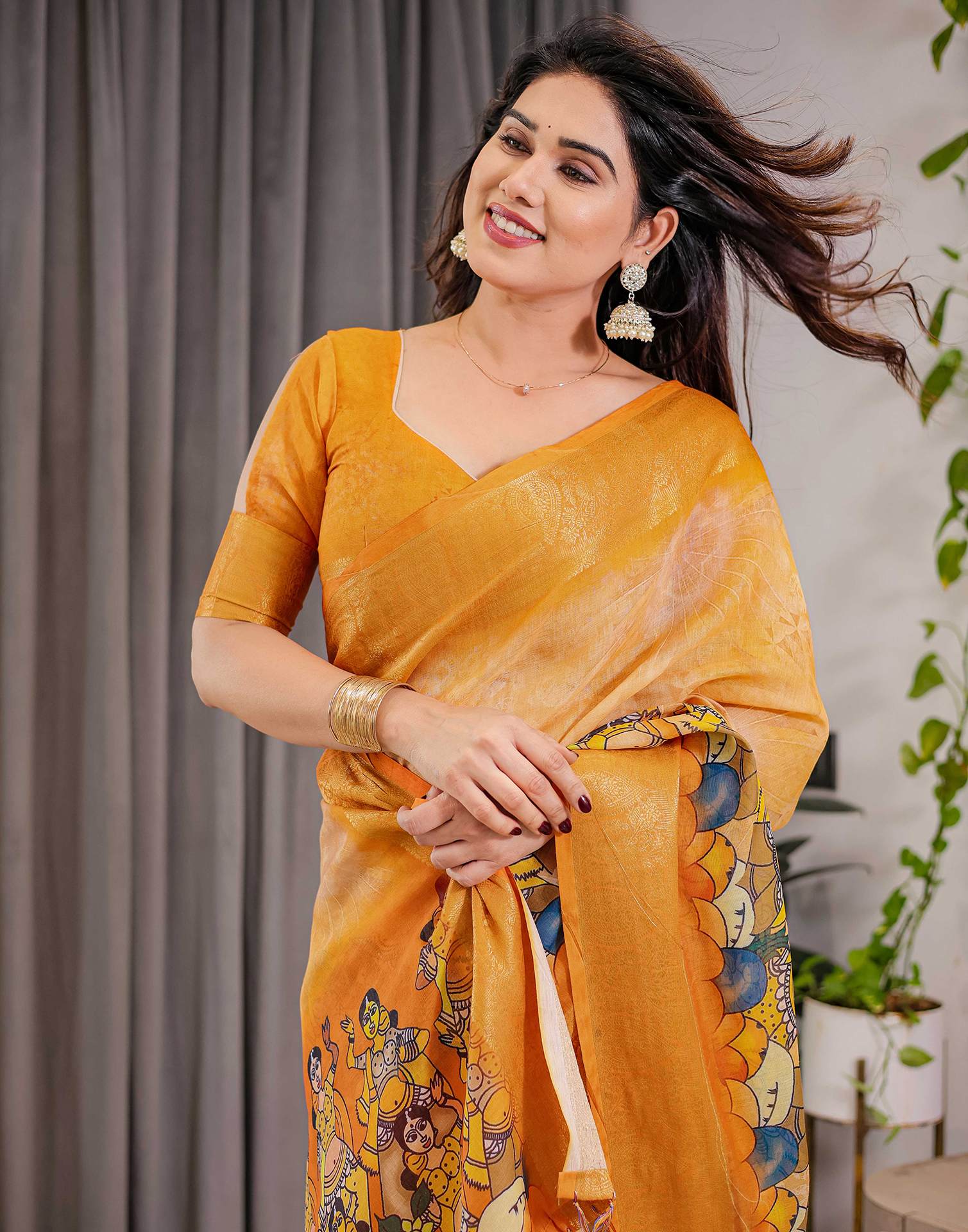 Turmeric Yellow Linen Printed Saree