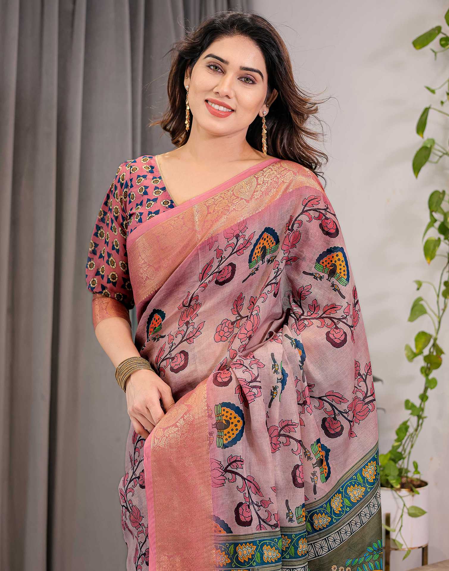 Mauve Linen Printed Saree