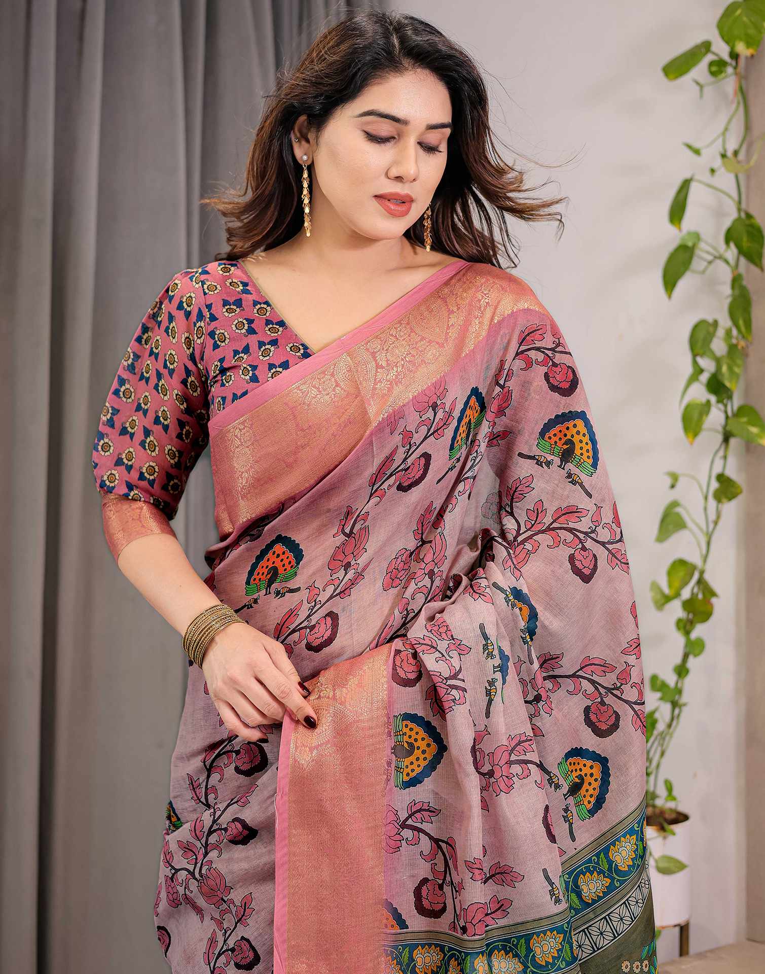 Mauve Linen Printed Saree