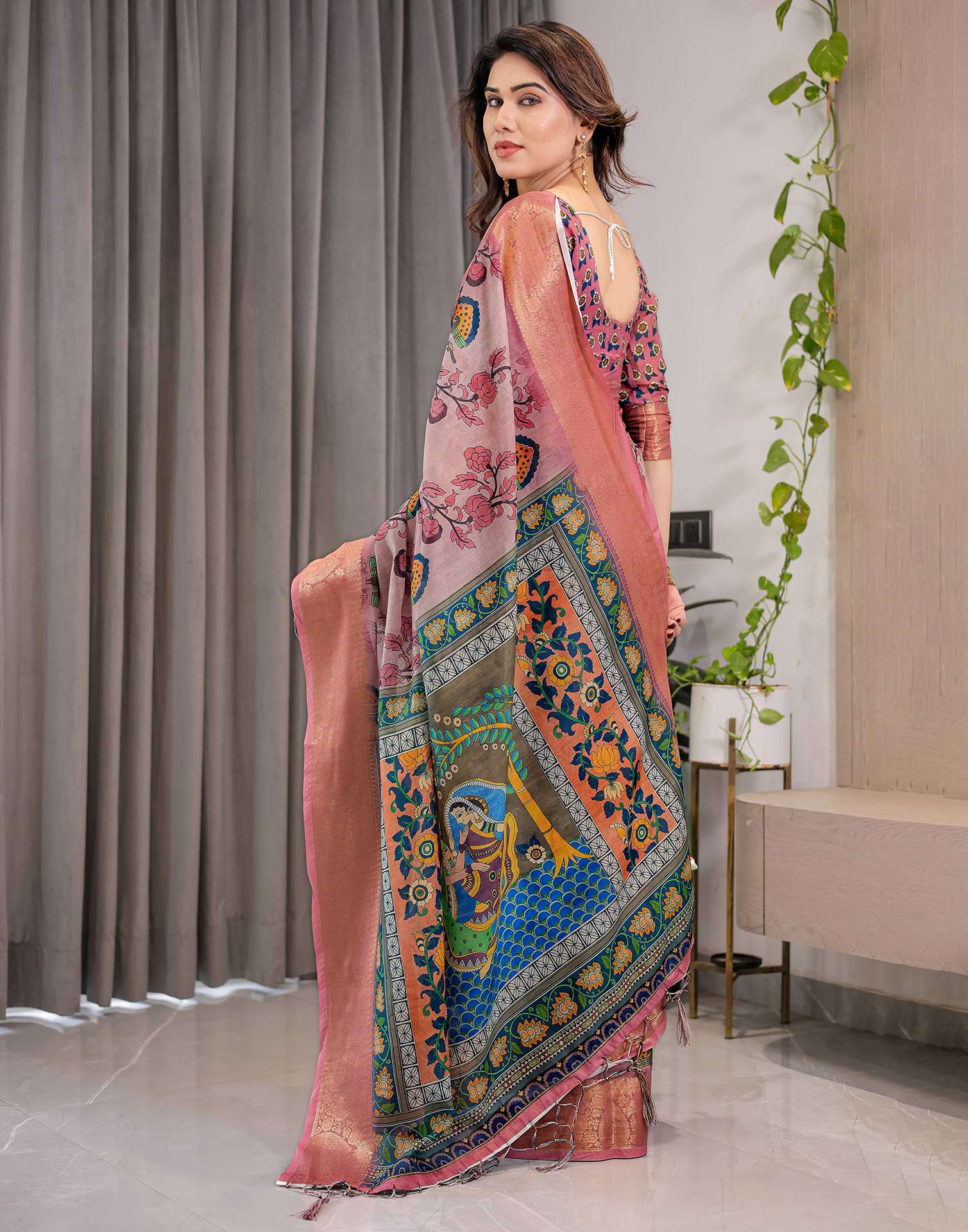 Mauve Linen Printed Saree
