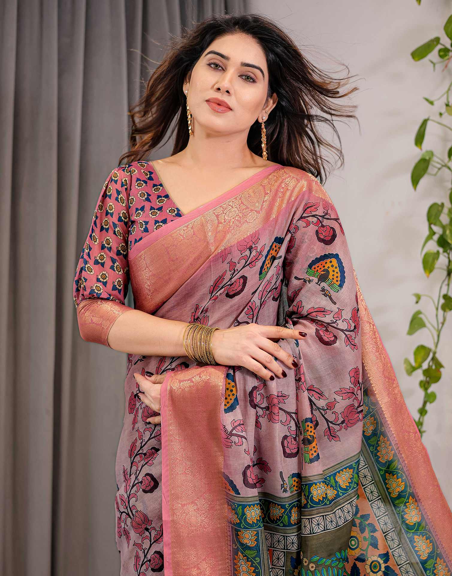 Mauve Linen Printed Saree