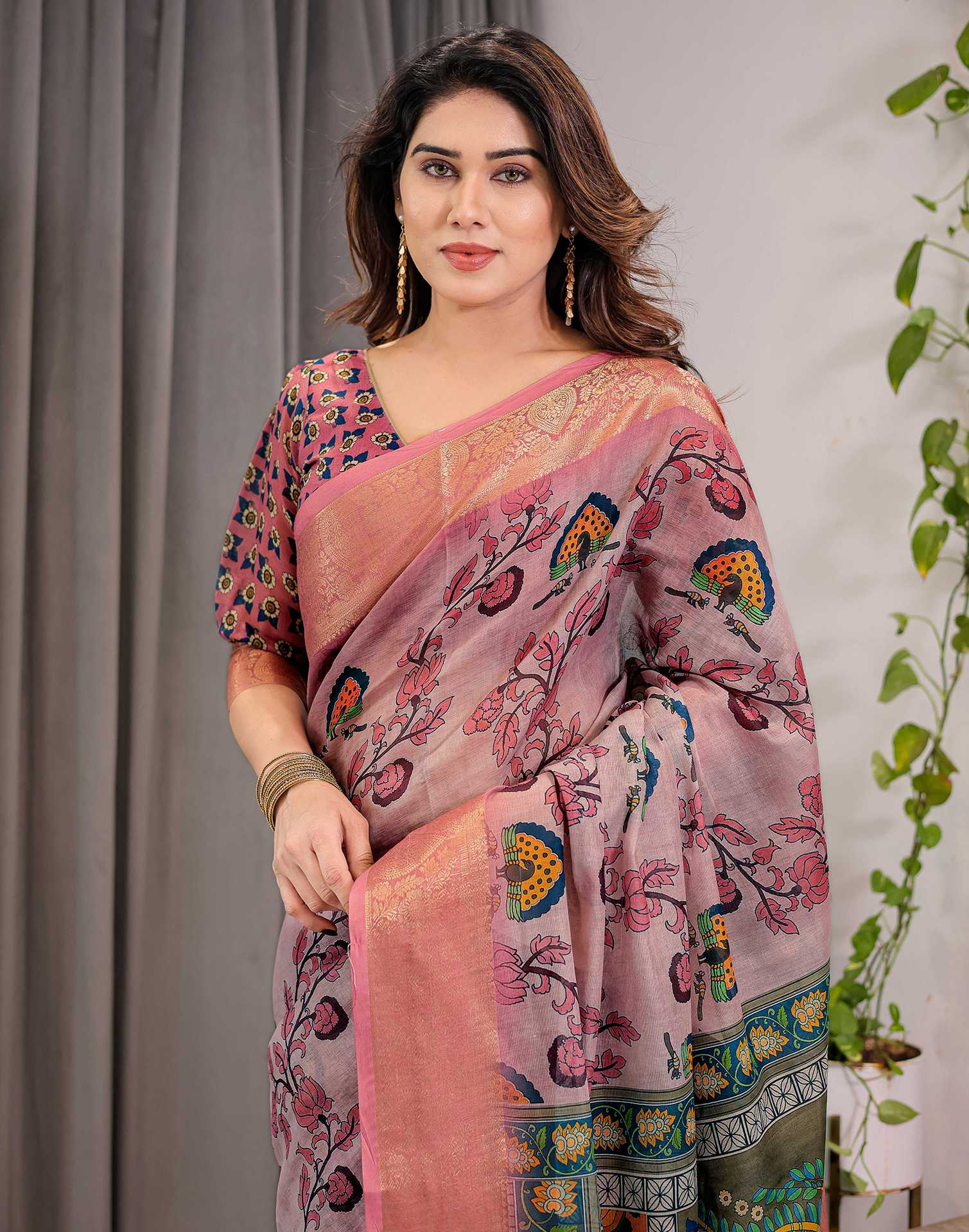 Mauve Linen Printed Saree