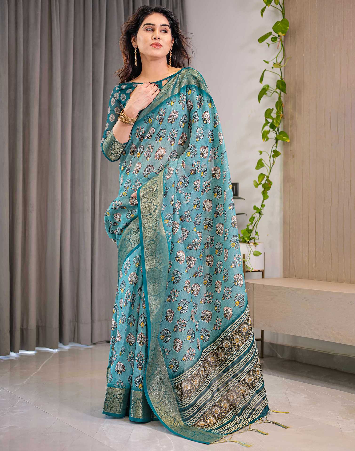 Sea Green Linen Printed Saree