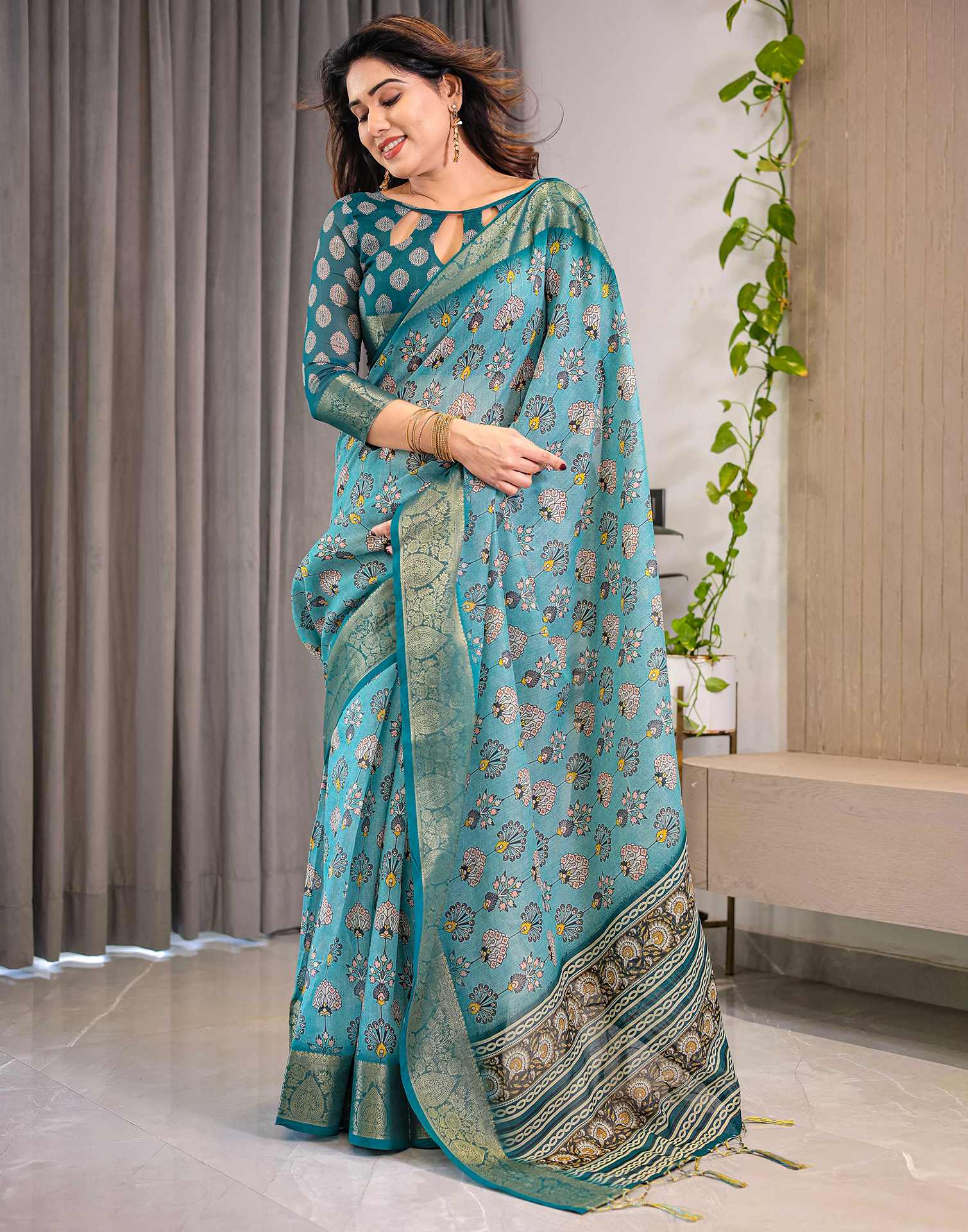 Sea Green Linen Printed Saree