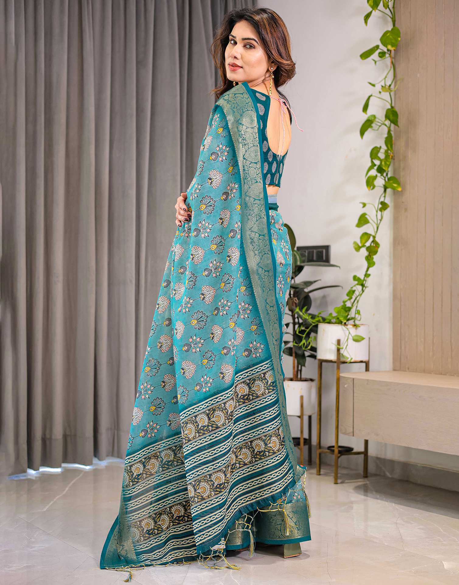 Sea Green Linen Printed Saree