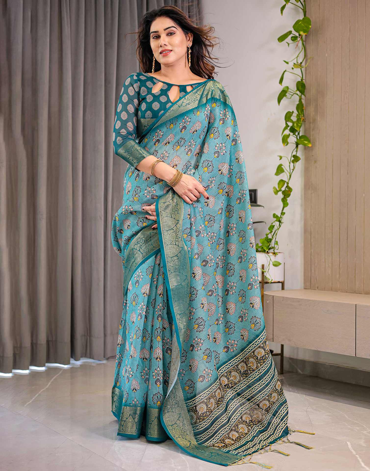 Sea Green Linen Printed Saree