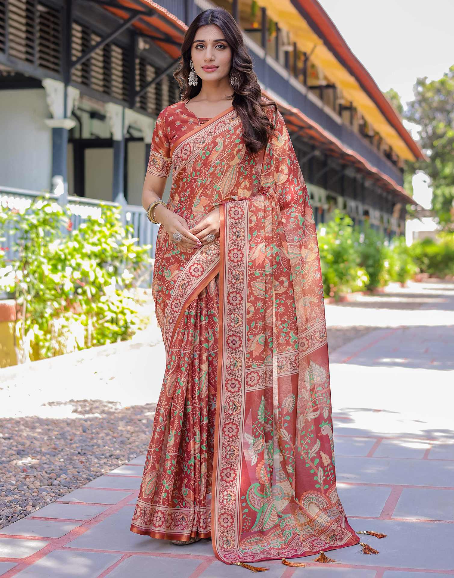 Coral Red Shimmer Silk Printed Saree