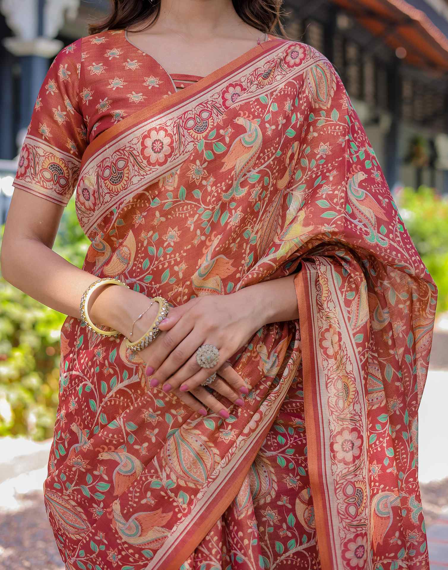 Coral Red Shimmer Silk Printed Saree