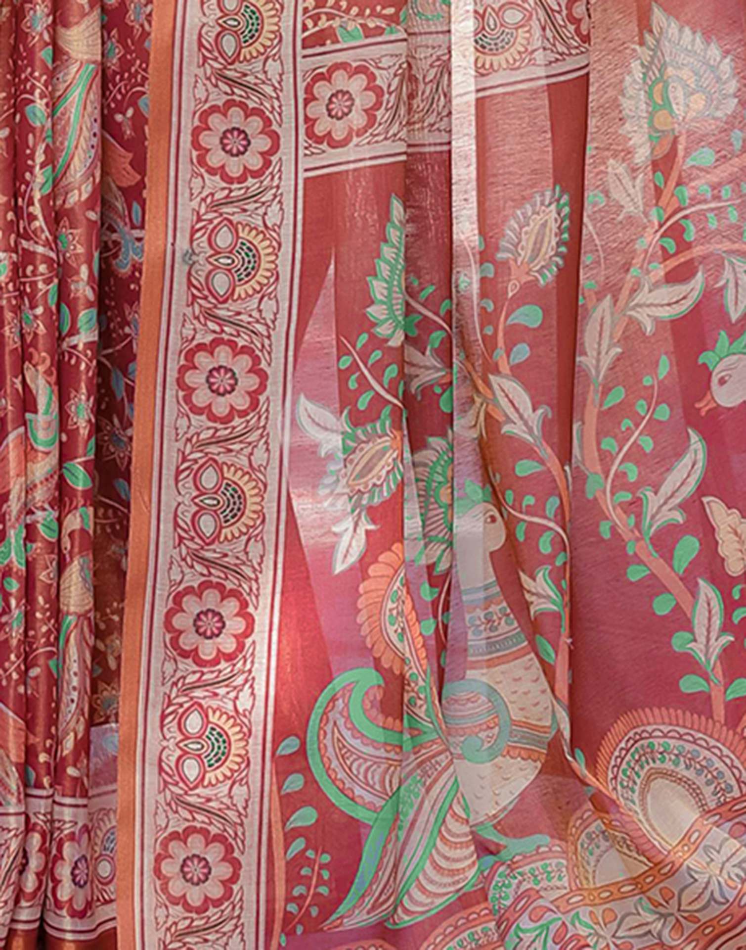 Coral Red Shimmer Silk Printed Saree