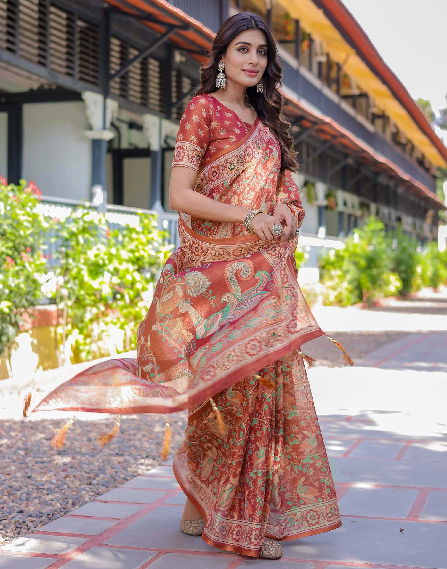 Coral Red Shimmer Silk Printed Saree