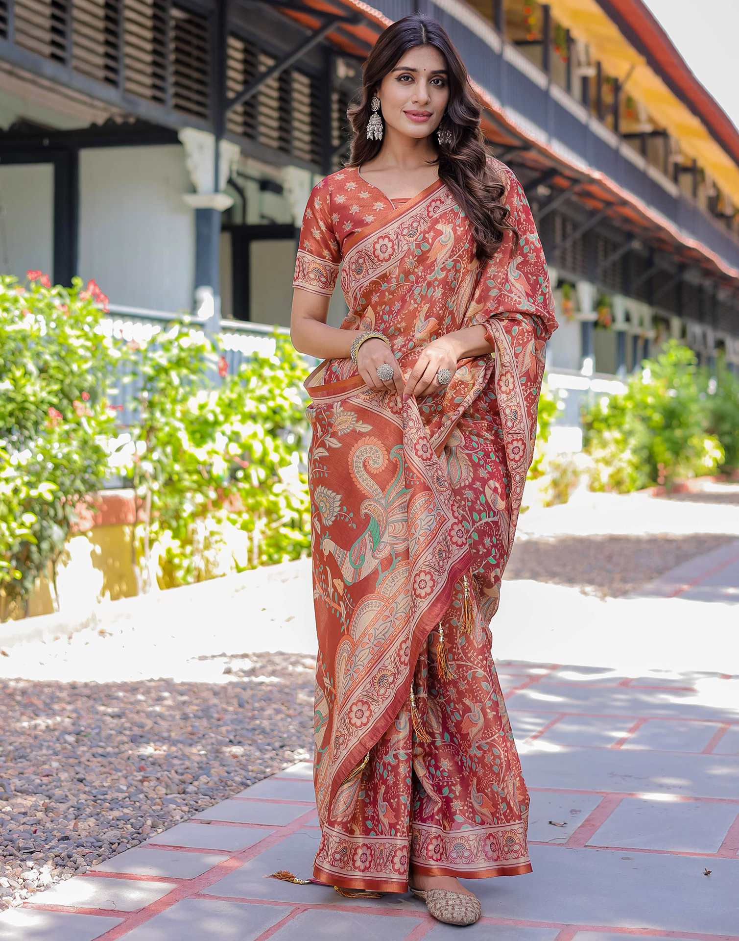Coral Red Shimmer Silk Printed Saree