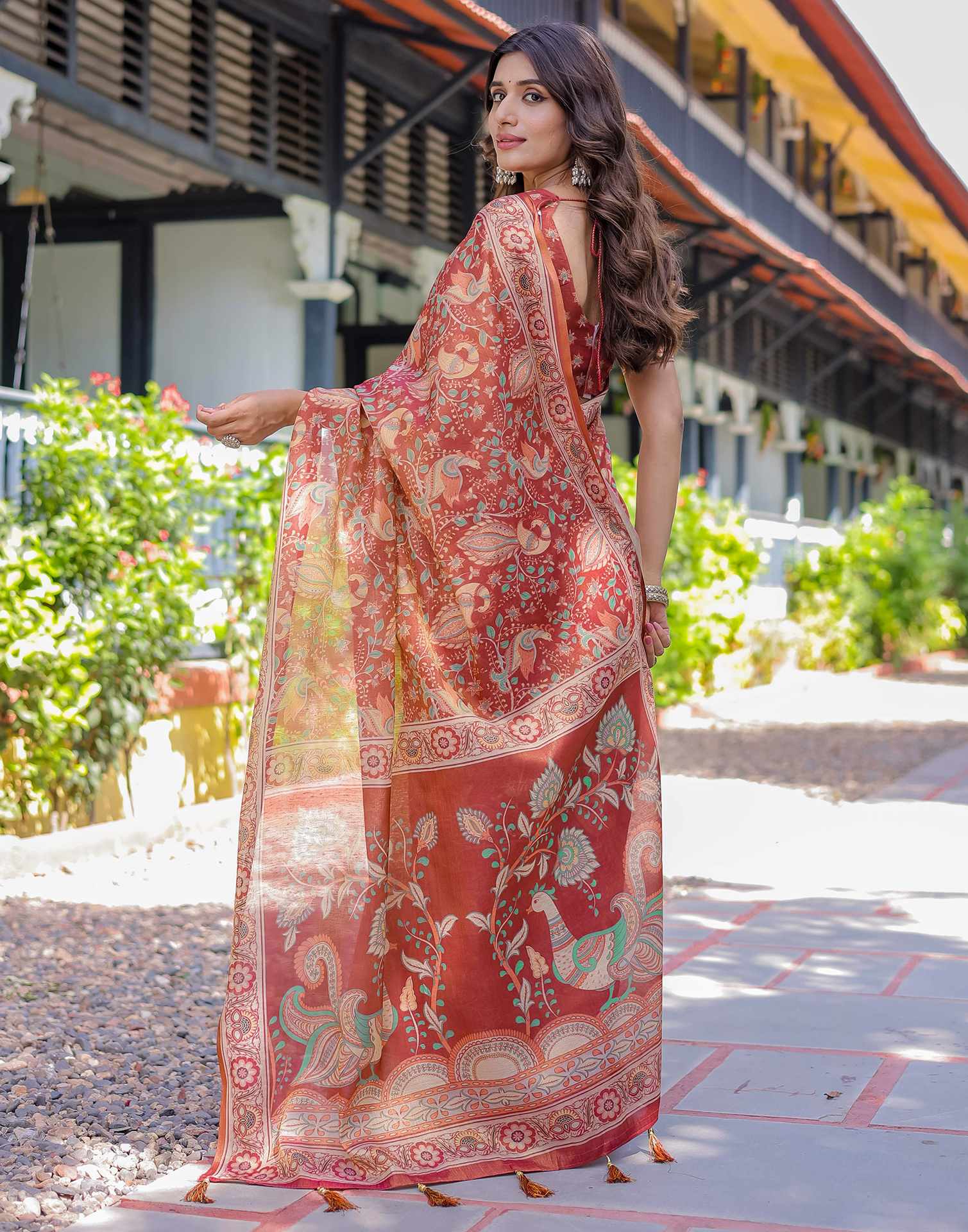 Coral Red Shimmer Silk Printed Saree
