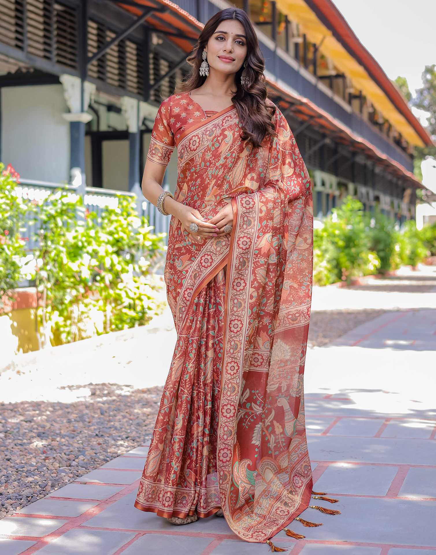 Coral Red Shimmer Silk Printed Saree