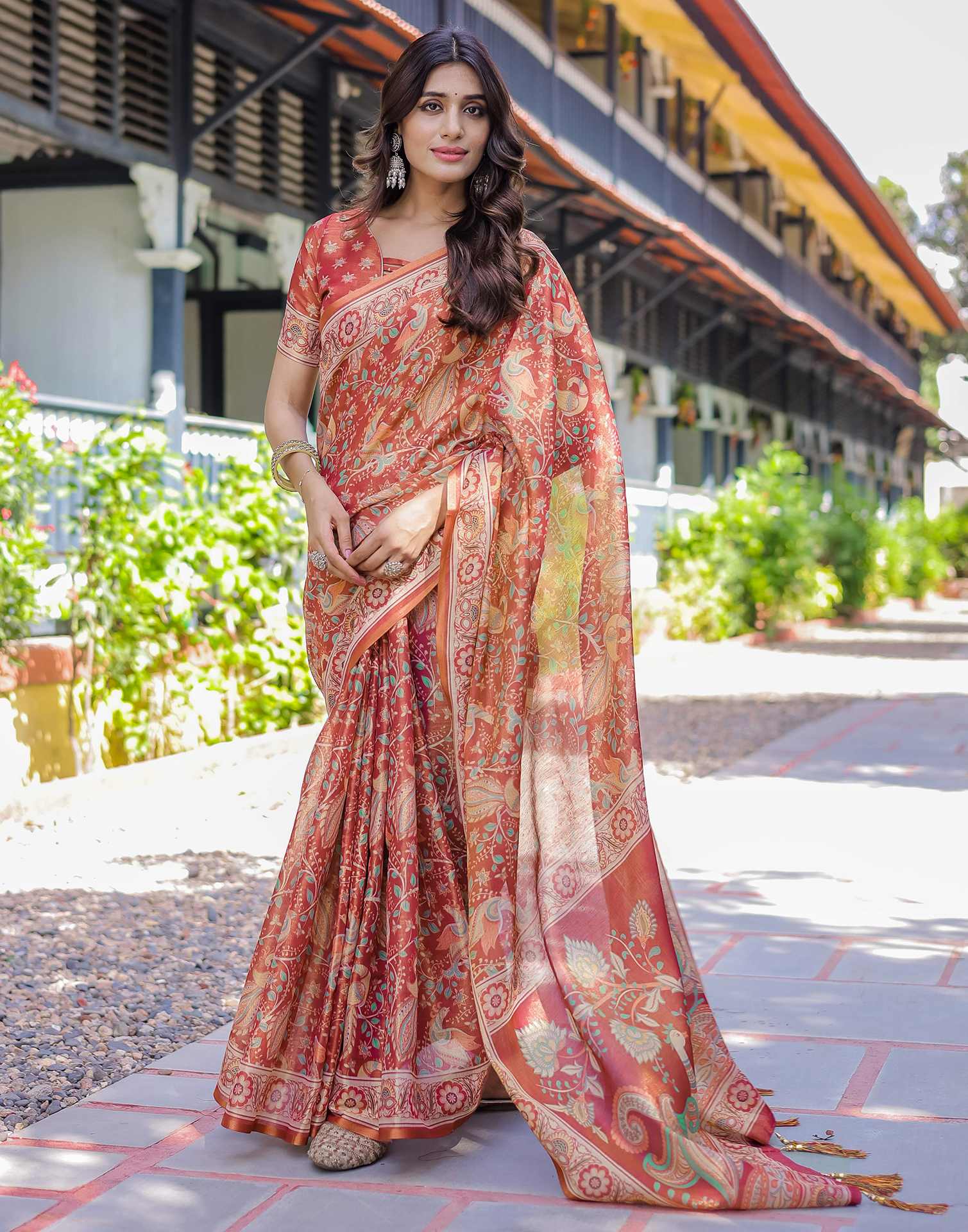 Coral Red Shimmer Silk Printed Saree