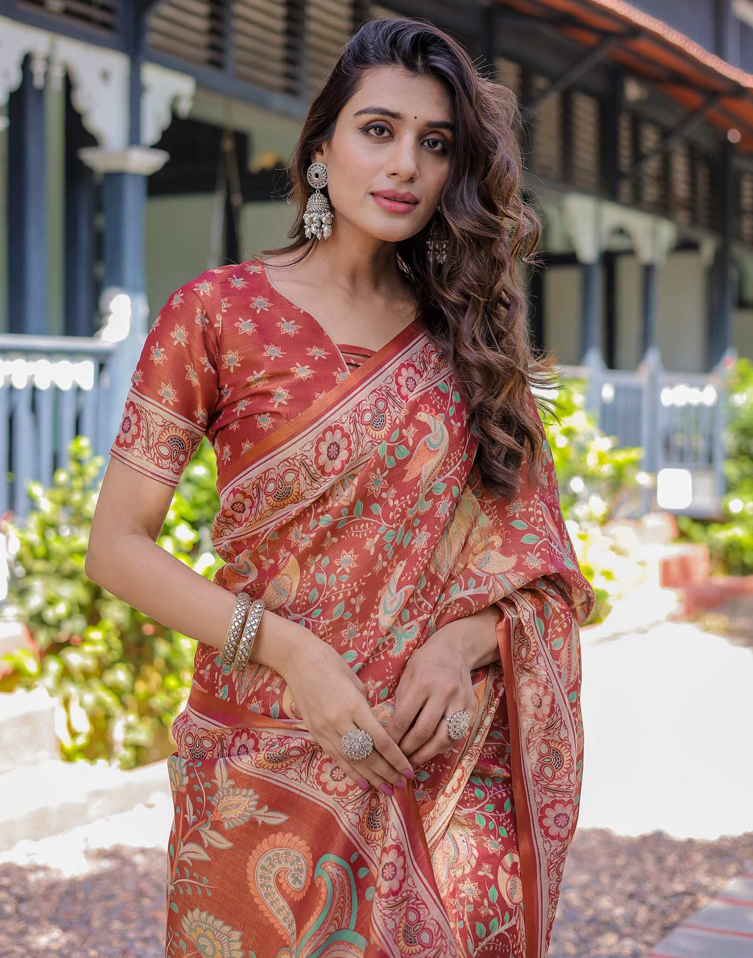 Coral Red Shimmer Silk Printed Saree