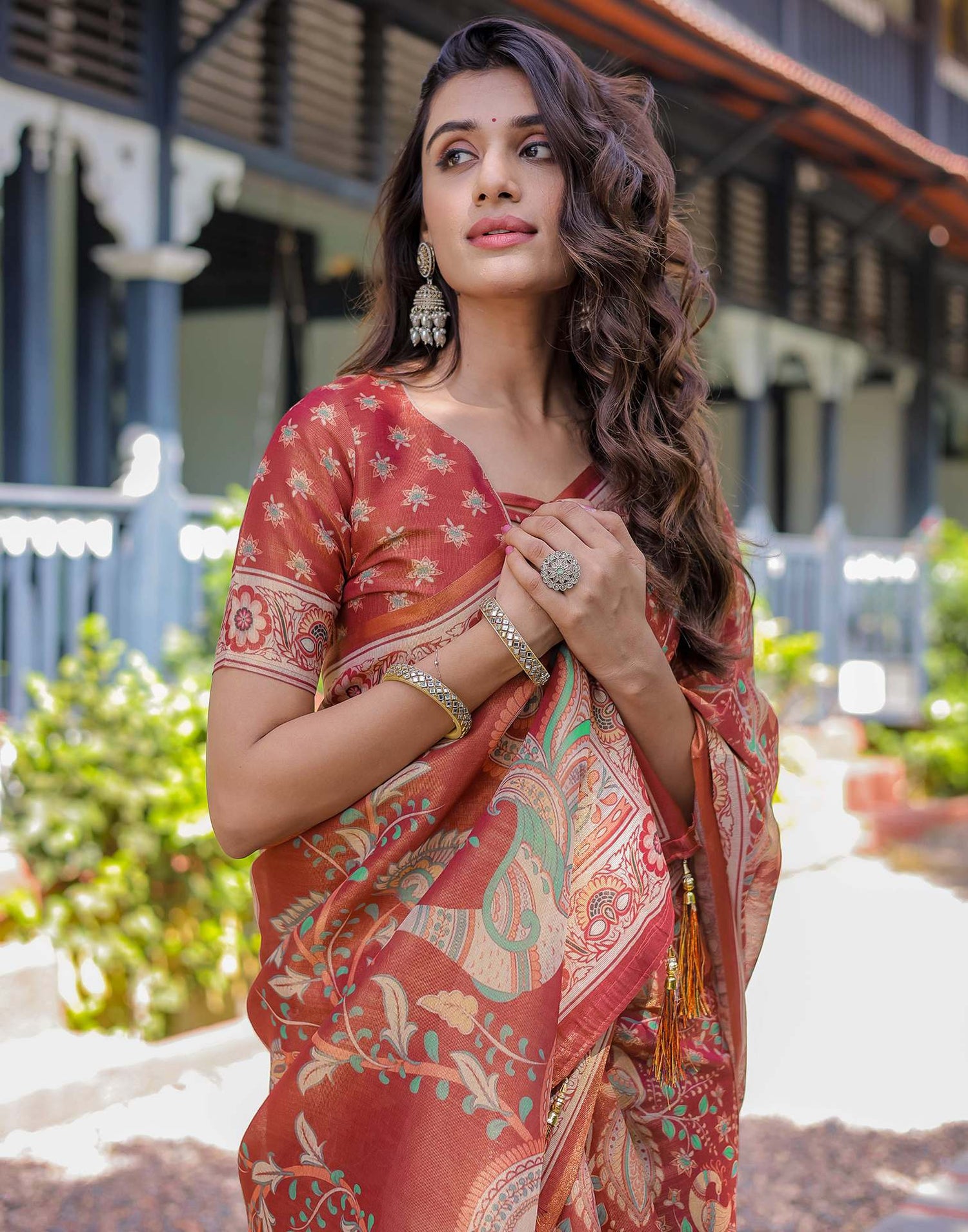 Coral Red Shimmer Silk Printed Saree