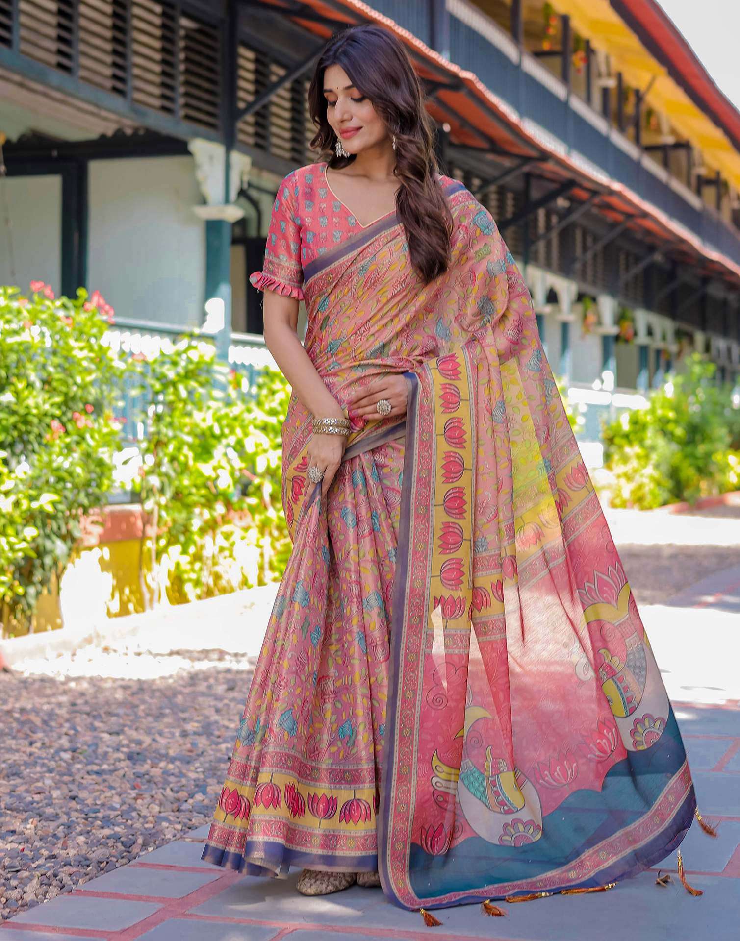 Pink Shimmer Silk Printed Saree