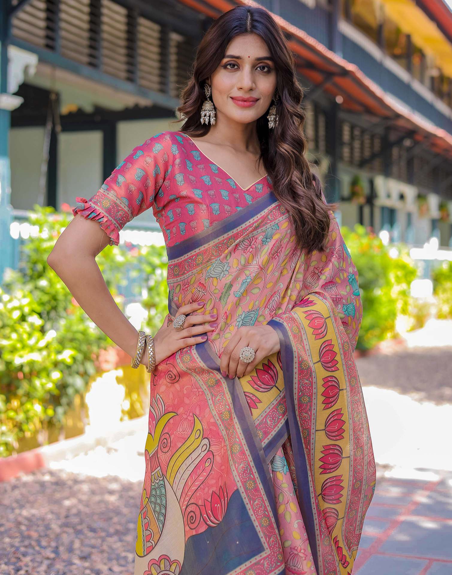Pink Shimmer Silk Printed Saree