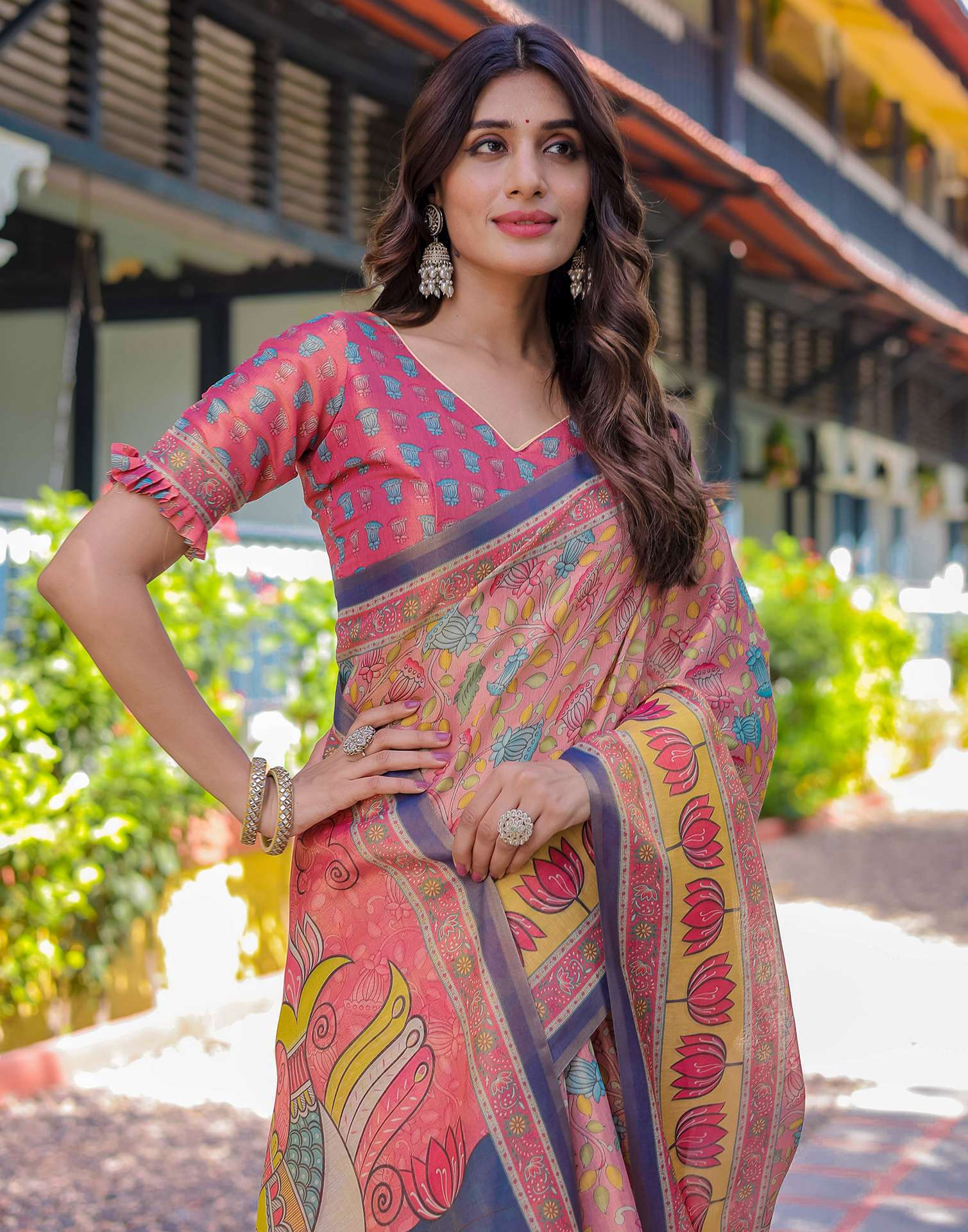 Pink Shimmer Silk Printed Saree