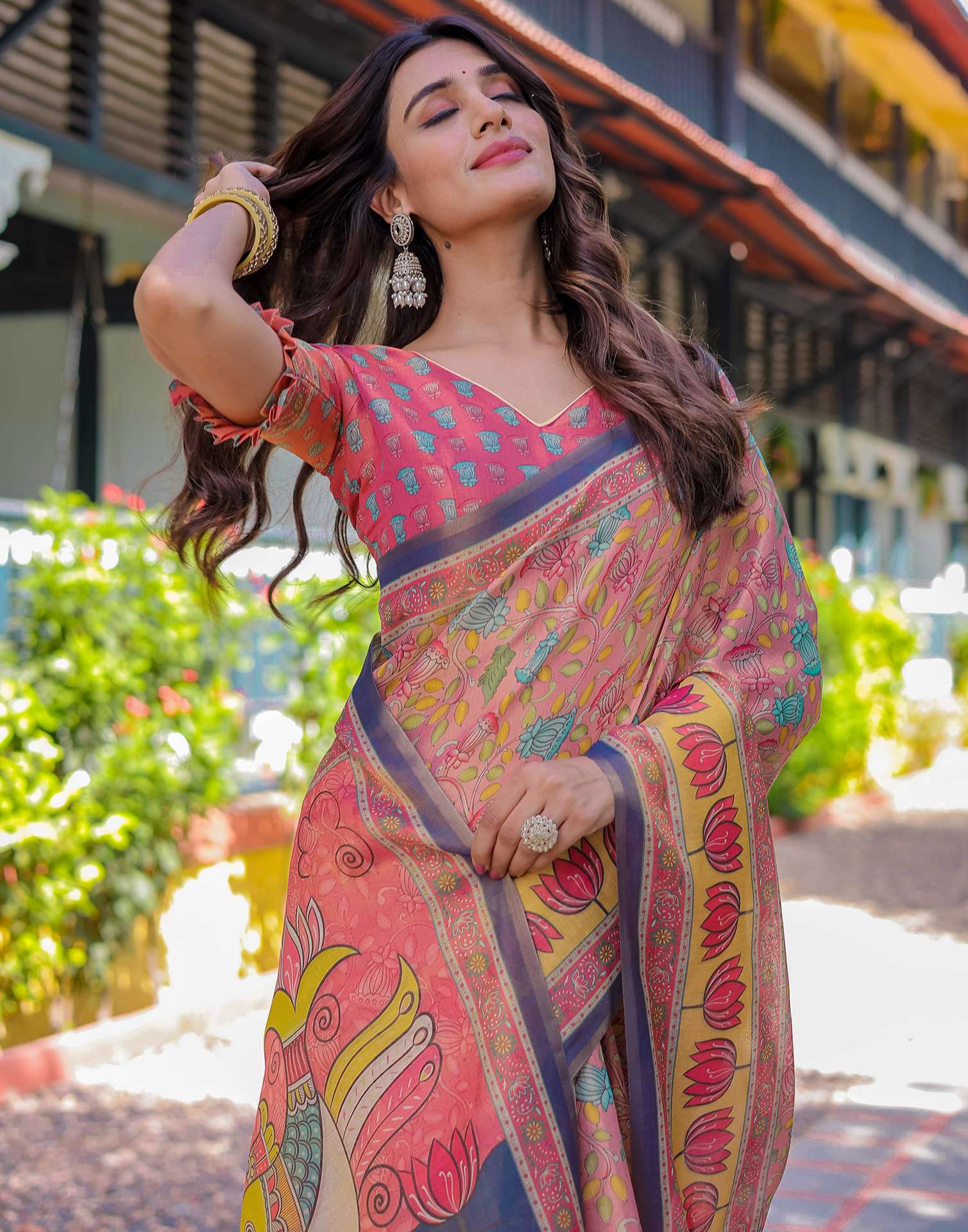 Pink Shimmer Silk Printed Saree