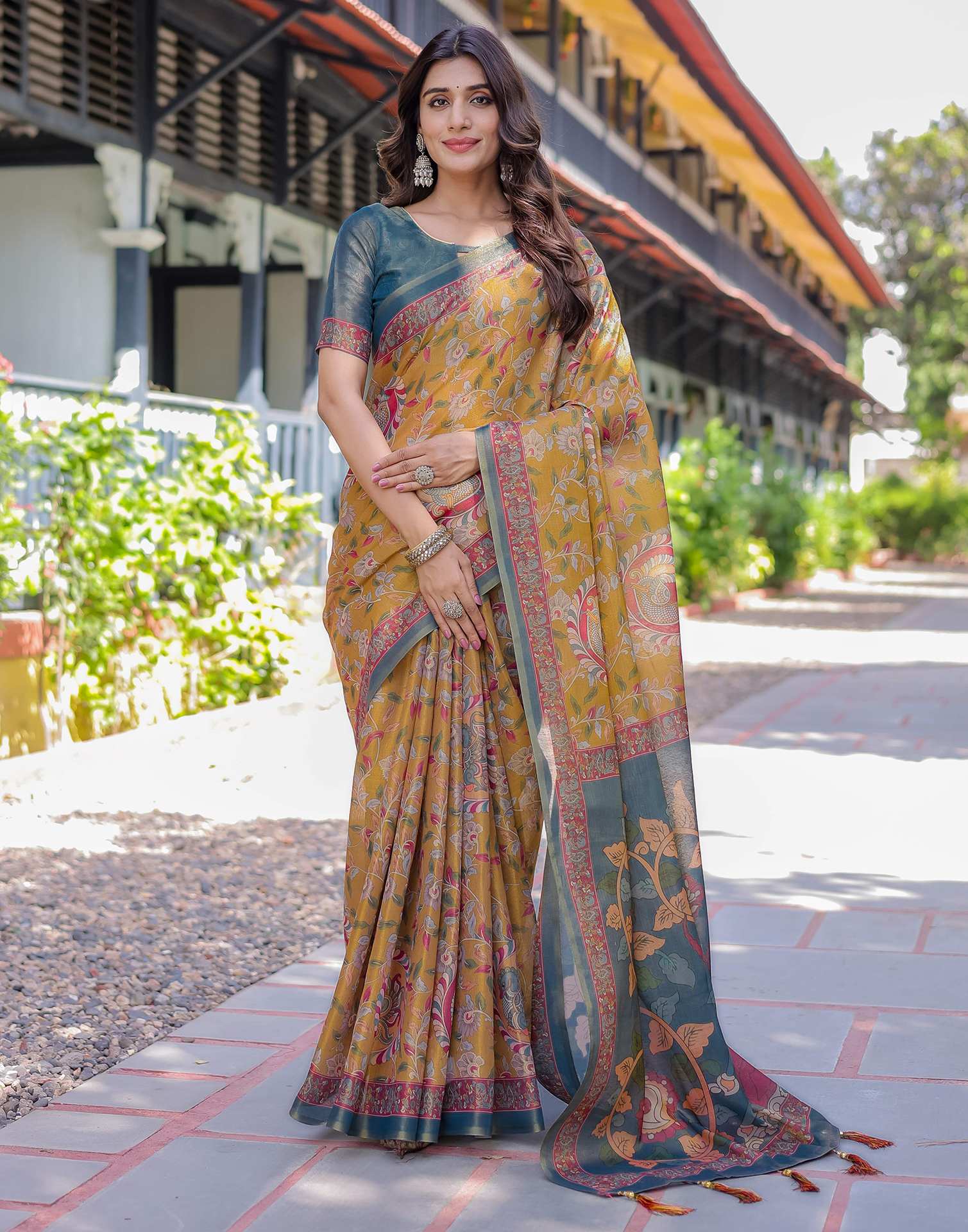 Yellow Shimmer Silk Printed Saree