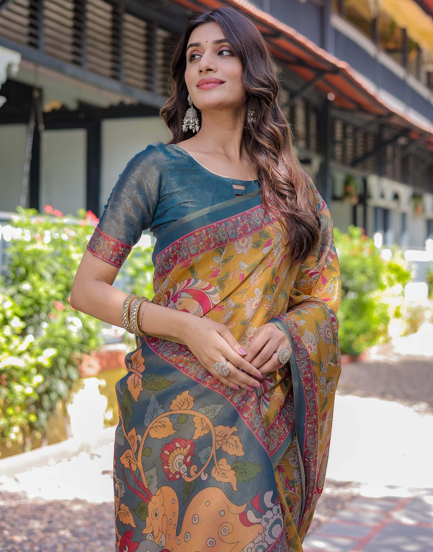 Yellow Shimmer Silk Printed Saree